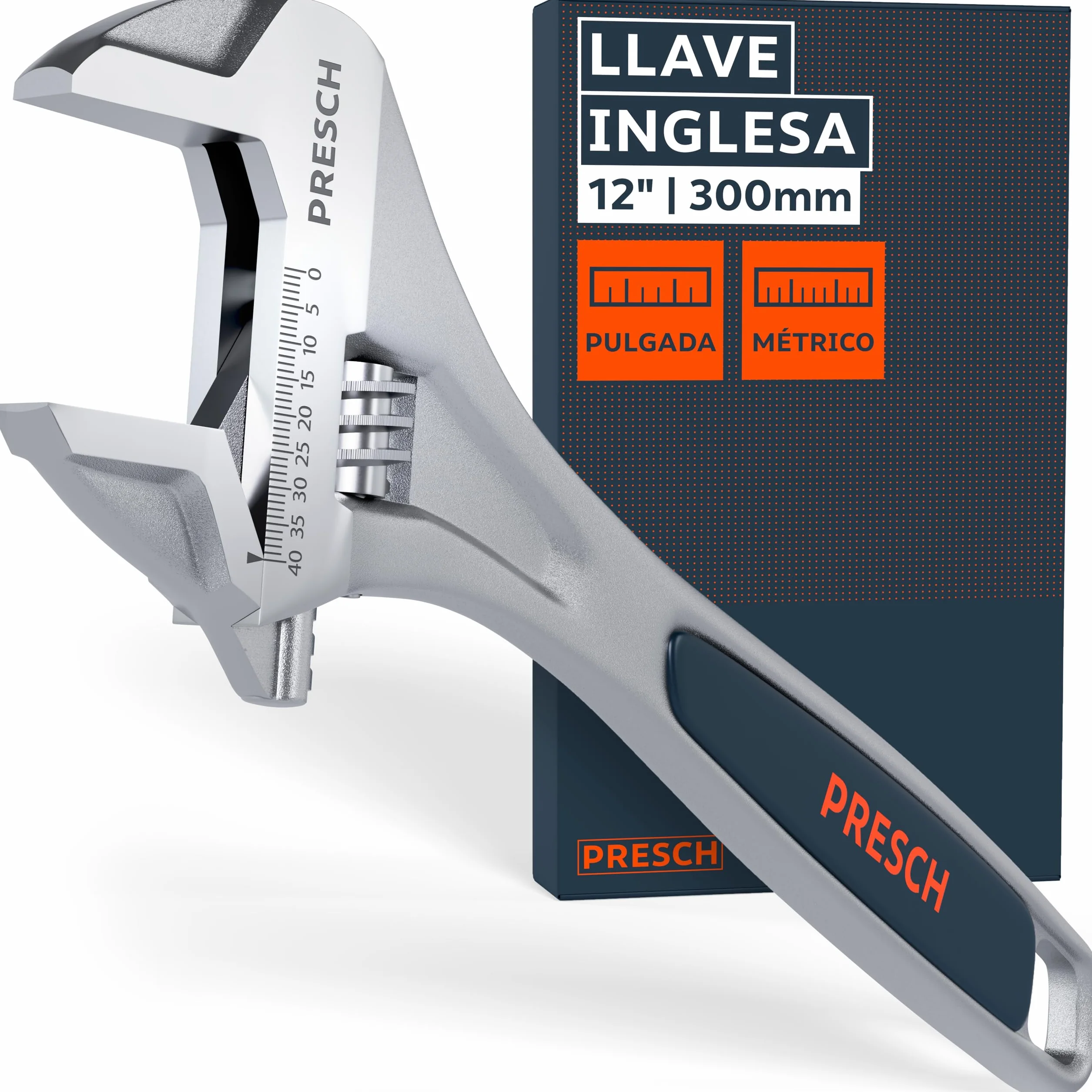 PRESCH Llave ajustable 300mm - Escala grabada con láser de 40mm (métrica y pulgadas) - Fresado de precisión para un agarre óptimo - Llave inglesa robusta - Herramienta de alta gama