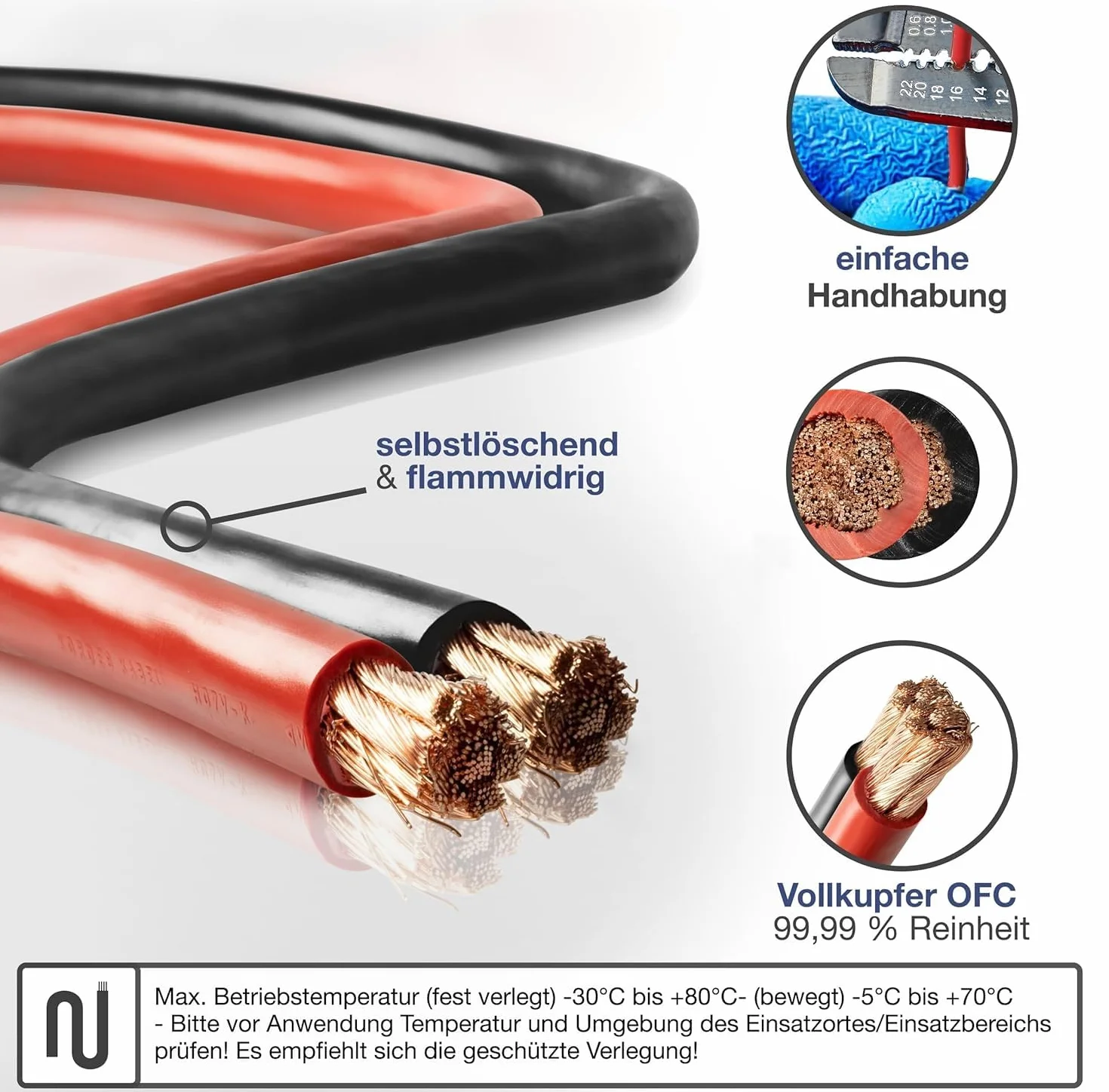 Cable de batería – Cable – Negro – H07V-K 6-10 – 16-25 – 35-50 – 70 o 95 mm² – Cable de batería 100% cobre – Se vende por metros – 6 mm2 – 16 mm2 – 25 mm2 35 mm2