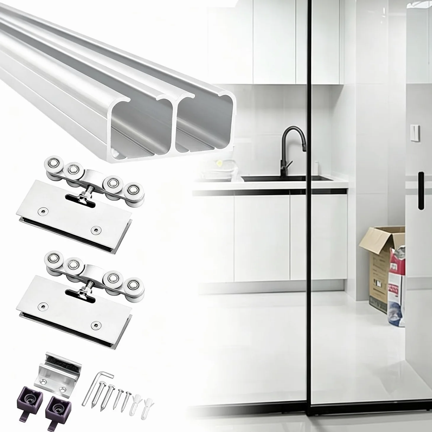 Kit de Herrajes para Puertas Correderas de Cristal de Doble Hoja para Cocina, Guía de Aluminio de Doble Carril de 70 a 400cm para Tabiques(90cm (3.0ft))