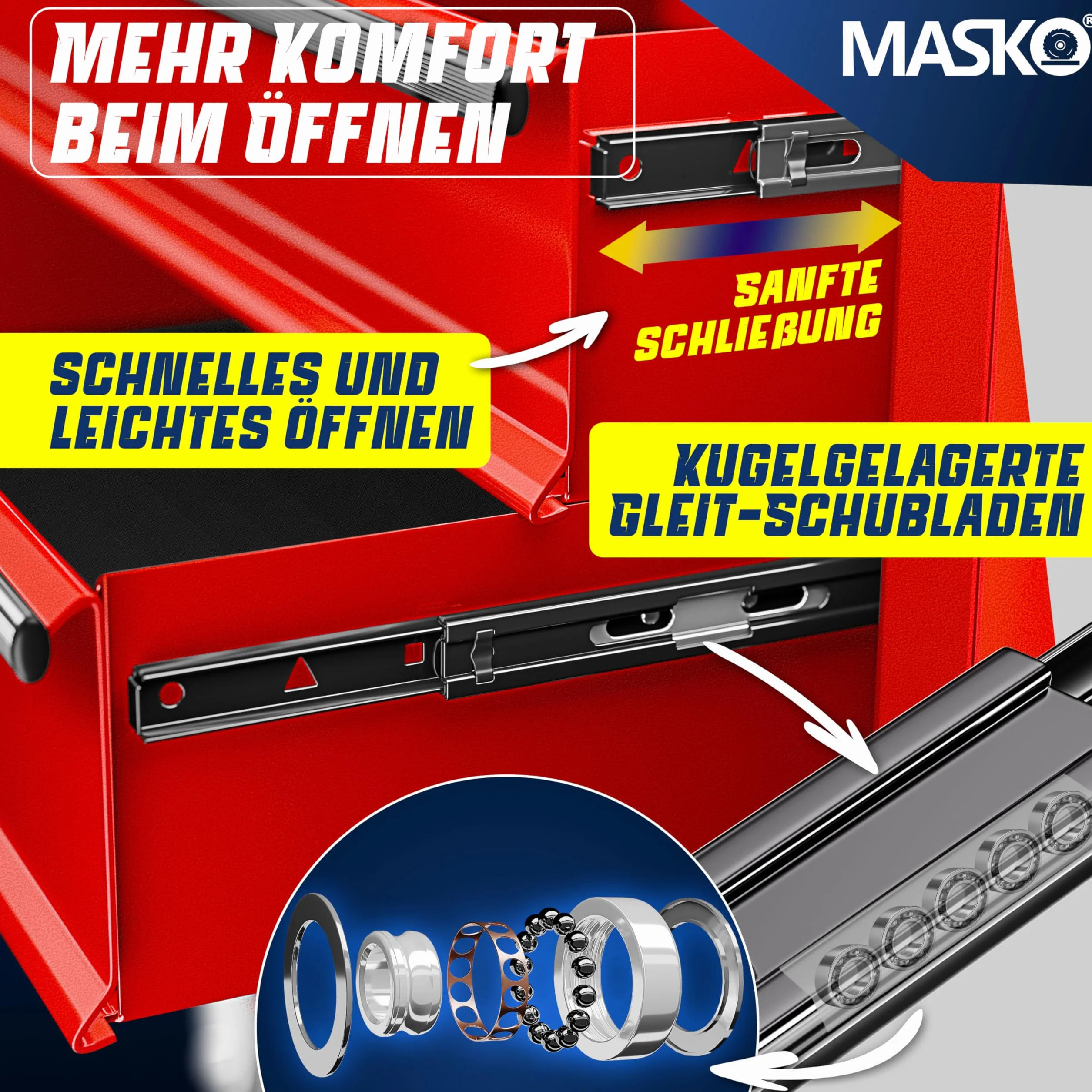 Masko Carro de taller con 5 cajones y cerradura, metal macizo, rojo, movible