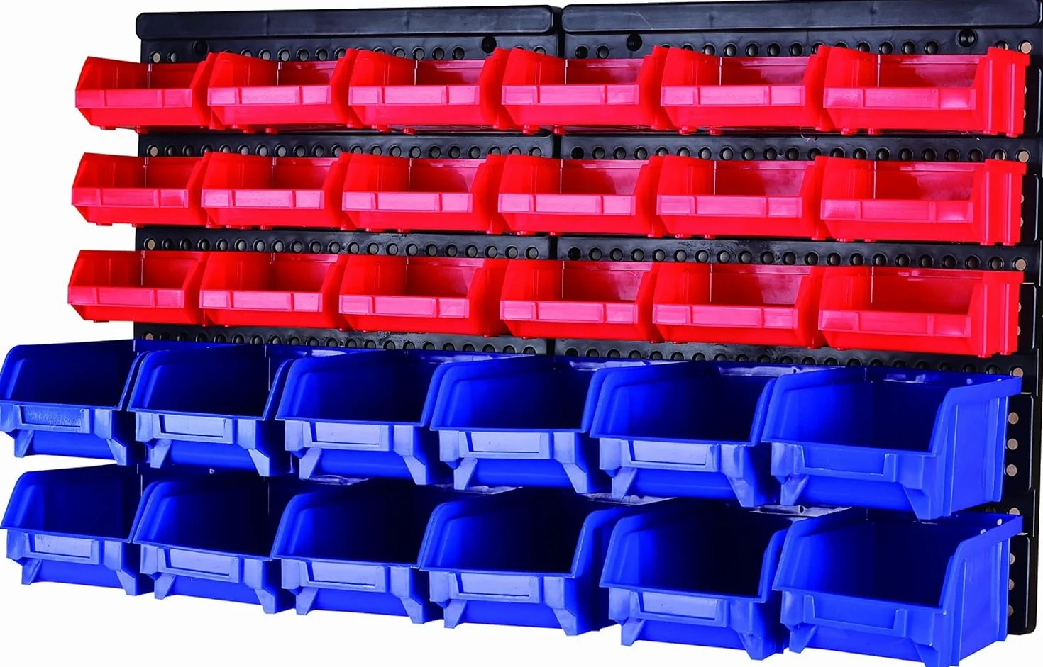 MaxWorks 80694 80694-Estante de Montaje en Pared contenedores para Tus Tuercas, Pernos, Tornillos, Clavos, Cuentas, Botones, Otras Piezas pequeñas, Azul y Rojo, 30 Bin