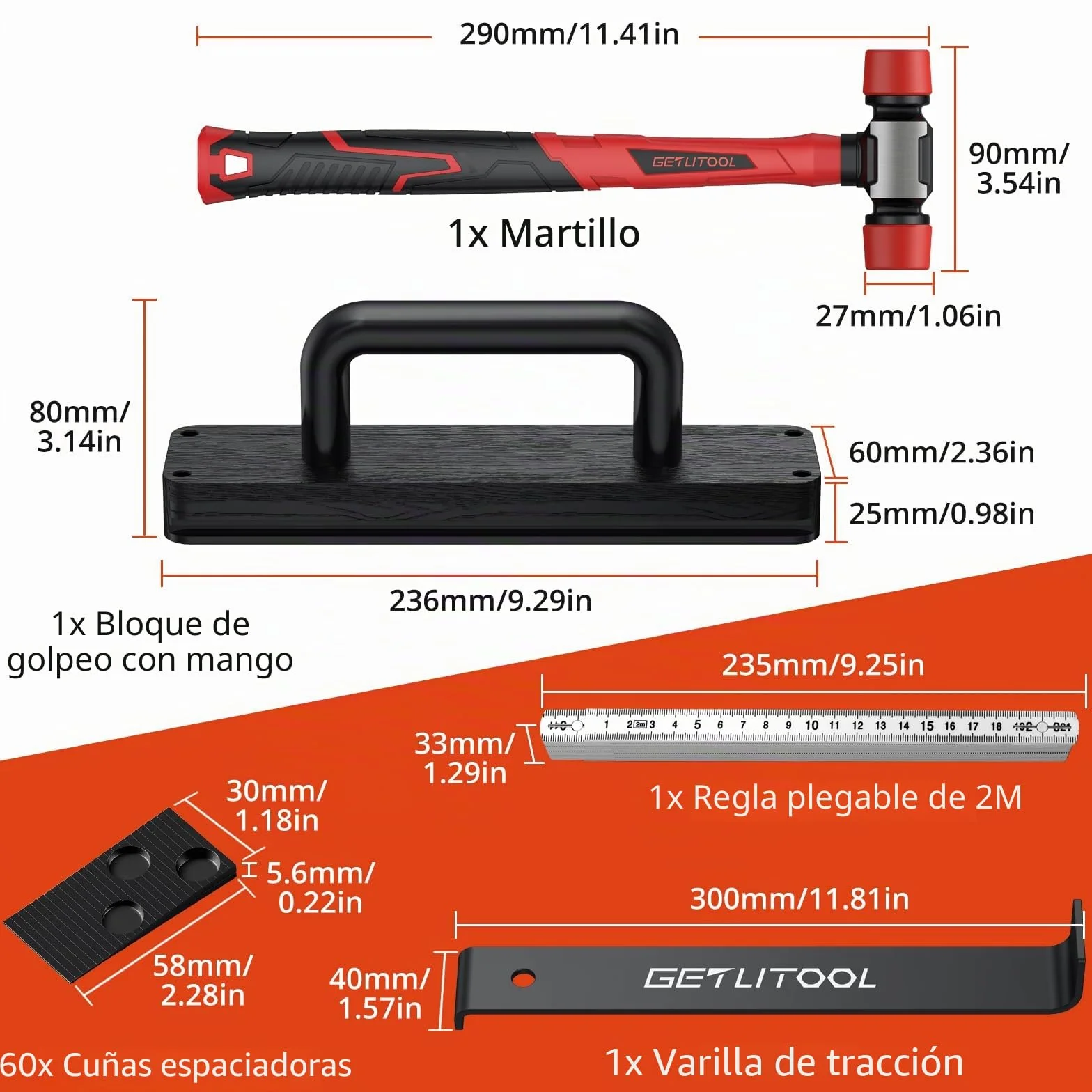 GETLITOOL Kit de instalación de suelos de madera laminada, herramientas de suelo con mazo de doble cara, herramienta de suelo laminado con barra de tracción, bloque de golpe sólido (B)