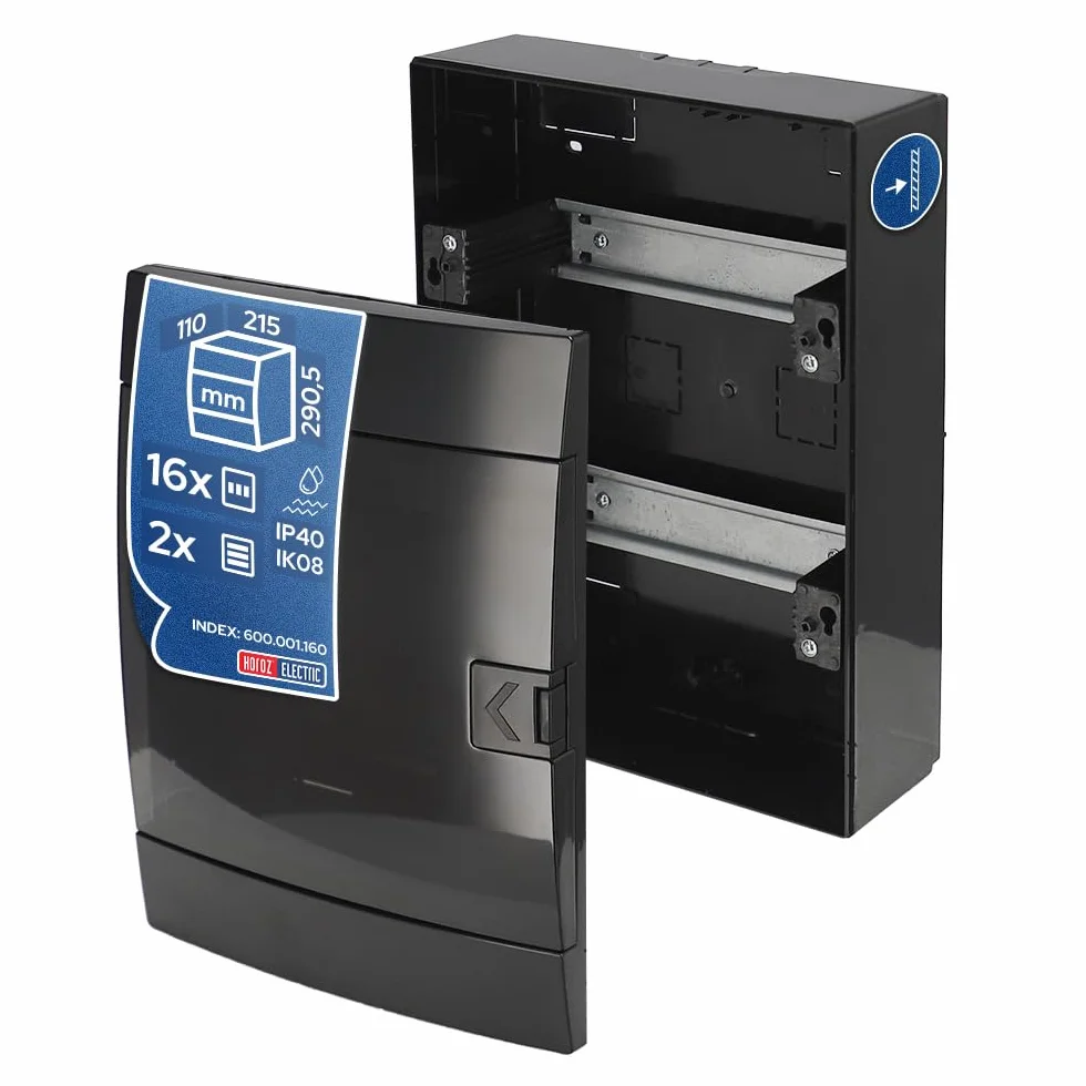 Caja de Distribución de Superficie 2 Filas para 16 Módulos 110x215x290,5 mm IP40 - Cuadro Electrico en ABS Negro - Armario de Distribución para Instalaciones Interiores - Horoz Electric