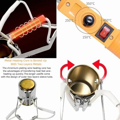 Crisol de plomo de mano, crisol eléctrico para plomo de 380 W, crisoles para fundir metal, ajuste de 200-450 ℃, fusión en 10 minutos, capacidad de 1100 g, crisol de plomo para moldes de peso de pesca