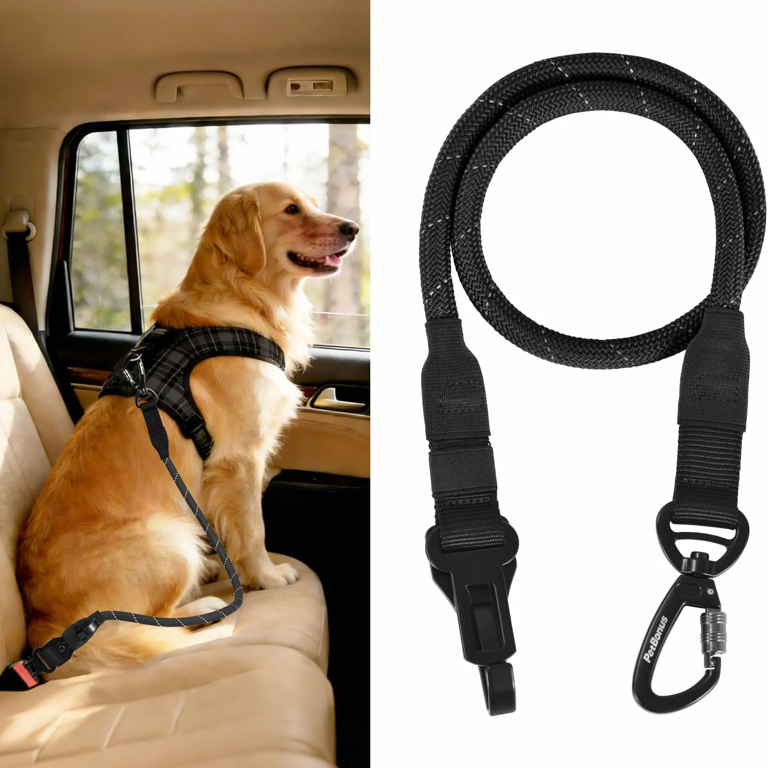 PetBonus Cinturón de Seguridad para Perro para automóvil, arnés de Seguridad Duradero para vehículo, Correa de Seguridad para Mascotas con Gancho de Hebilla Resistente, Clip con Cierre para Razas
