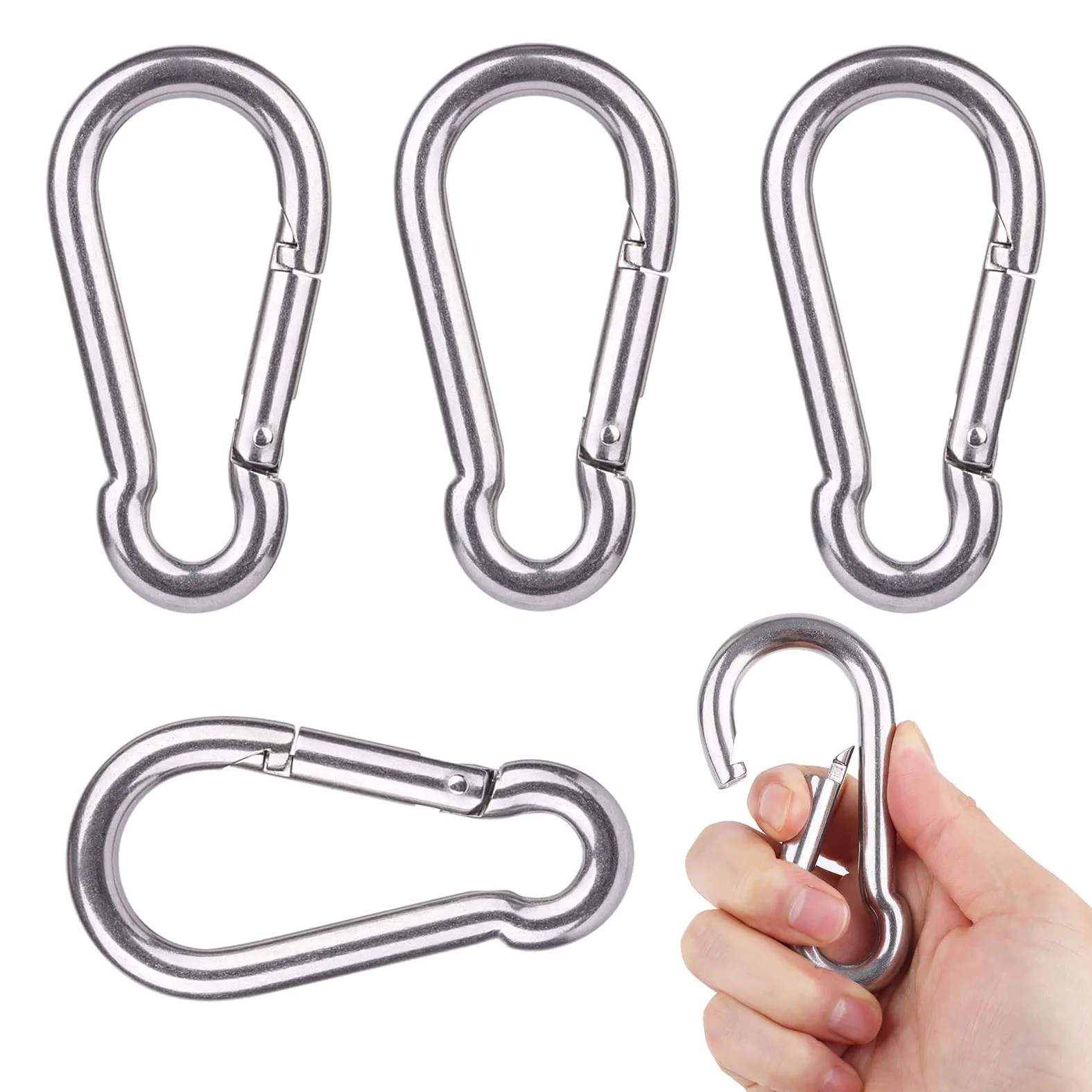 Pack de 4 Mosquetones M10 de Acero Inoxidable 100x10mm, Mosquetón de Alta Resistencia Carga Máx 270kg, Ganchos de Muelle para Columpios, Hamacas, Toldos, Gimnasio y Bricolaje