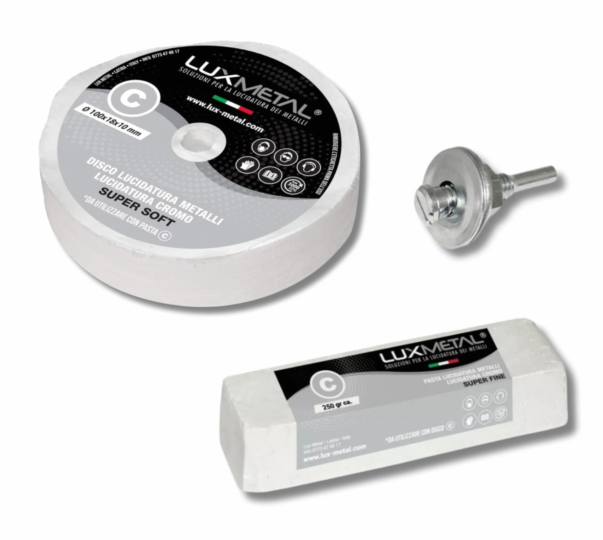 Lux Metal Kit de 1 pasta abrasiva abrillantadora de 250 g y 1 disco de pulido de algodón de 100 mm (S-Fine) para pulir metales, acero inoxidable, aluminio, hierro pulido, cromo, plexiglás, mármol,