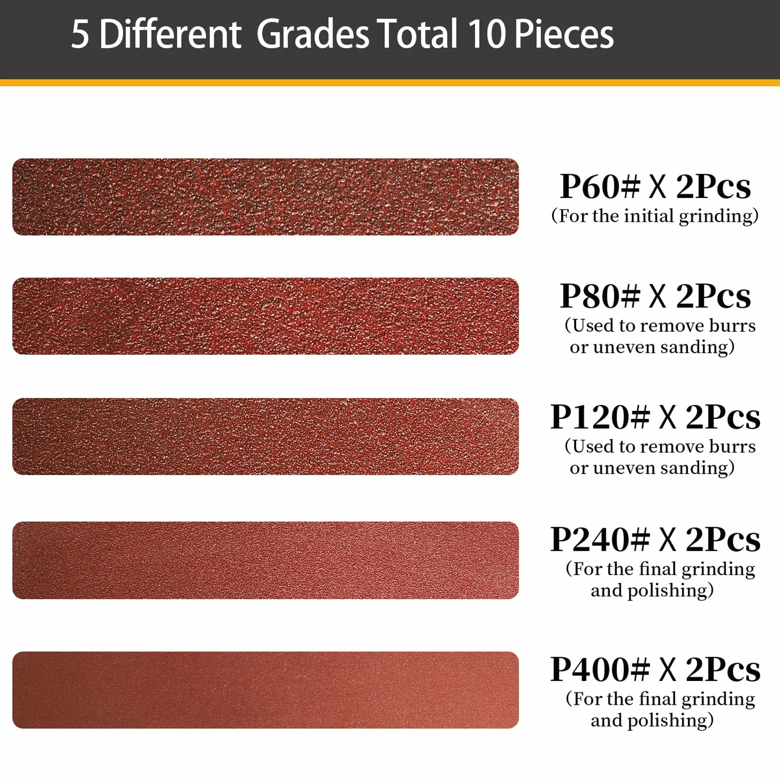 Bandas de Lija 40 x 303mm 60/80/120/240/400 Granos Correas para Lijar (10 Unidades)
