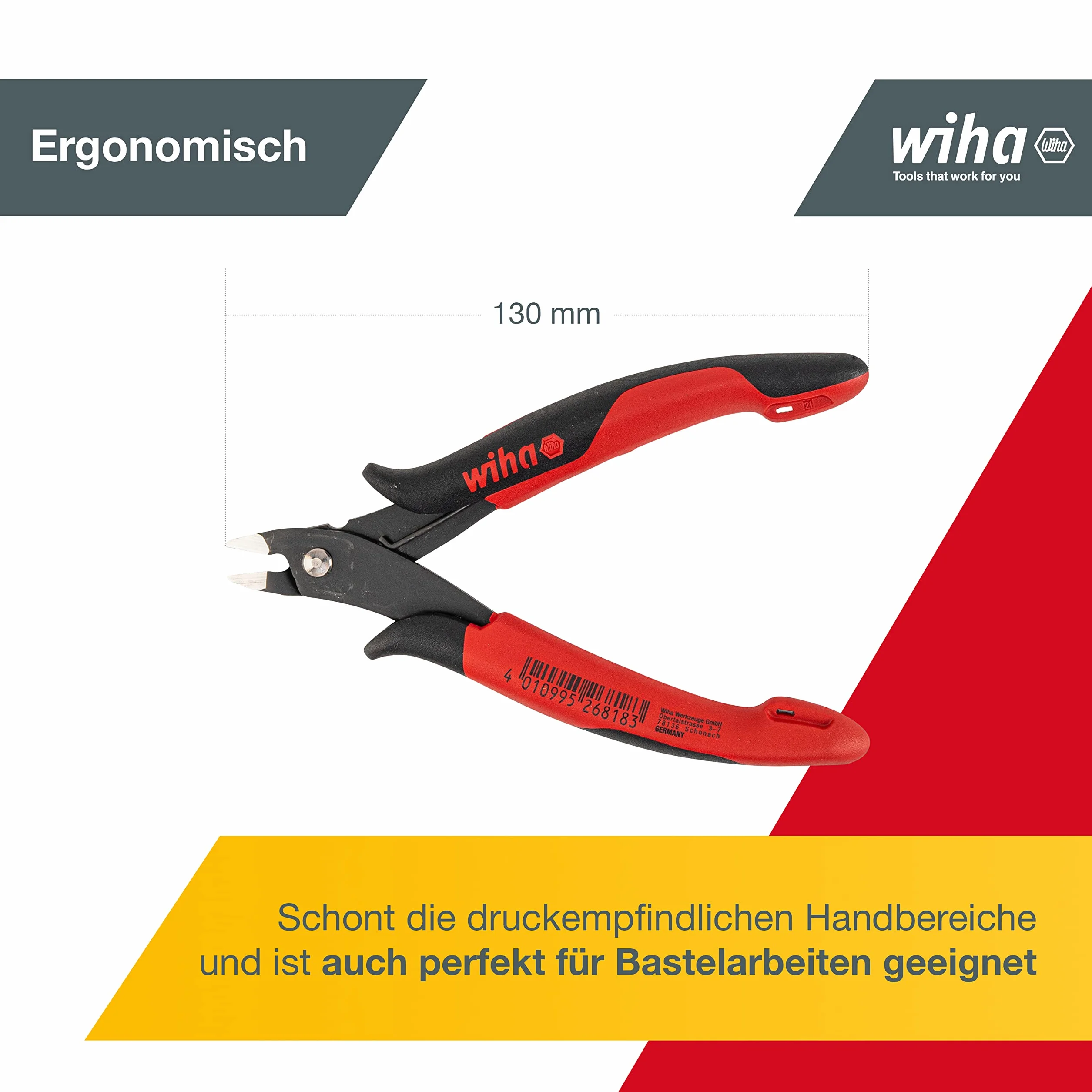 Wiha Alicates de corte diagonal Electronic con cabeza puntiaguda ancha sin chaflán 130 mm, 5 1/2" (26818)