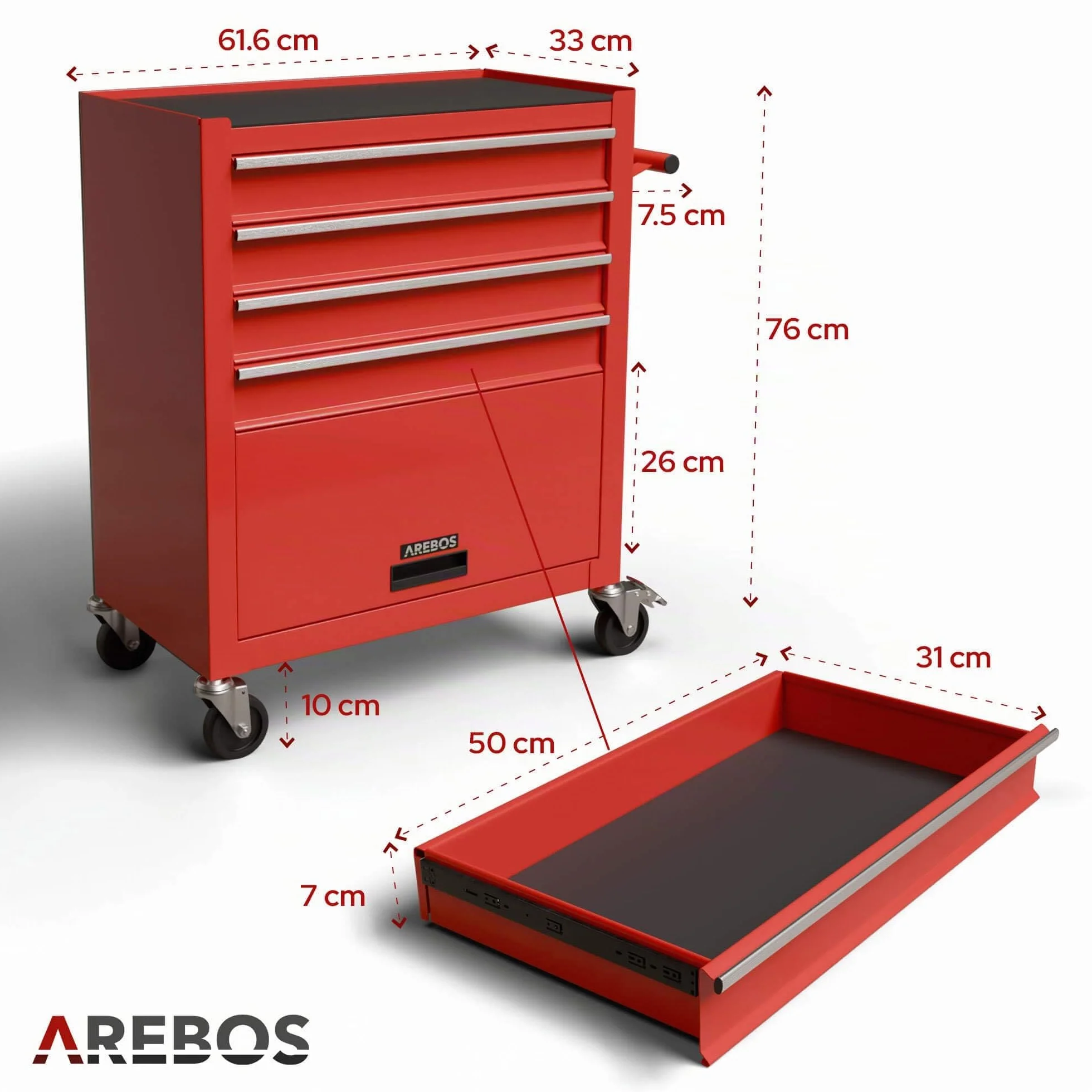 Arebos Carro de Taller con 4 Compartimentos | Incluye 81 Herramientas, Carro de Herramientas Equipado | Alfombrillas Antideslizantes | 2 Ruedas con Freno de estacionamiento | Rojo