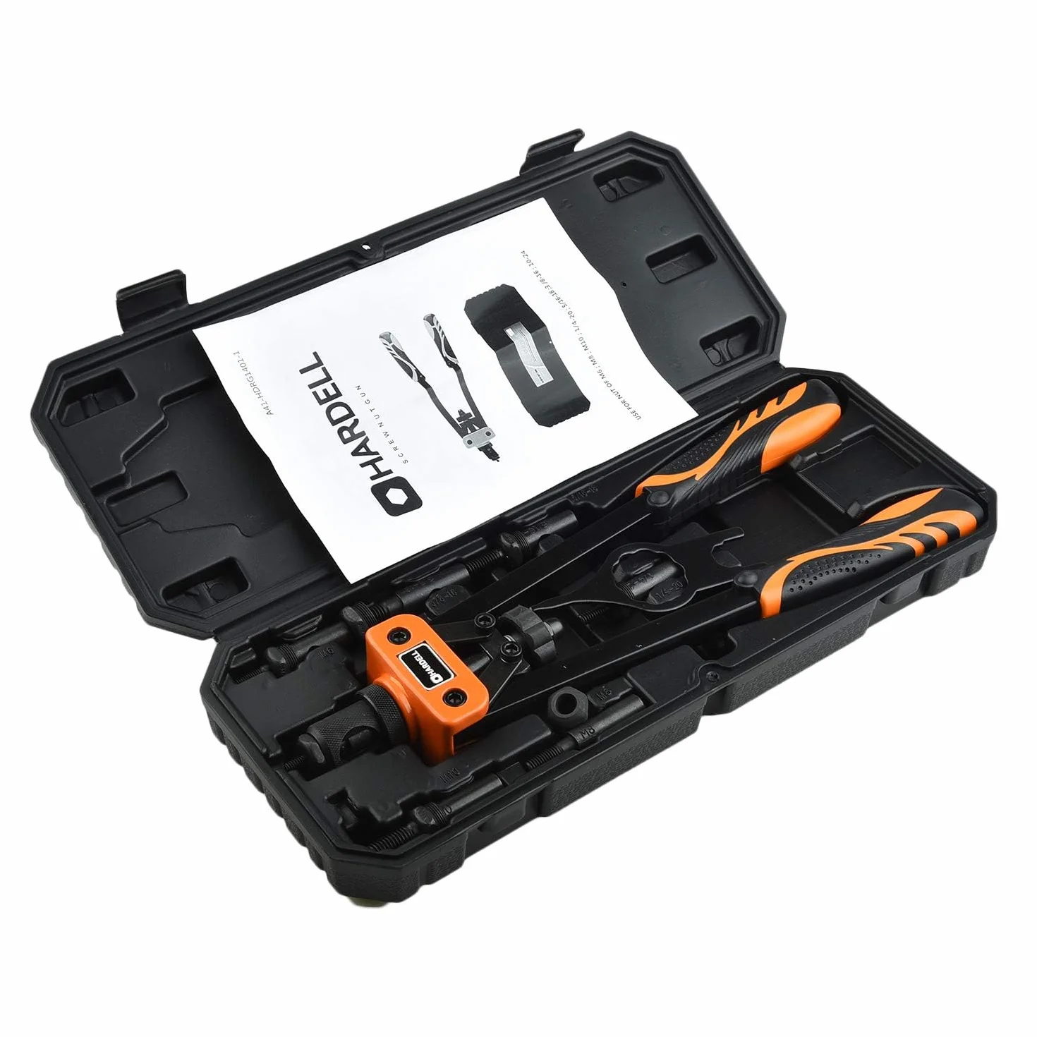 HARDELL Remachadora de Tuercas, 14" Remachadora Manual Con 150pcs Remachadora Tuercas, y 6 Mandriles Intercambiables M3 M4 M5 M6 M8 M10, Naranja