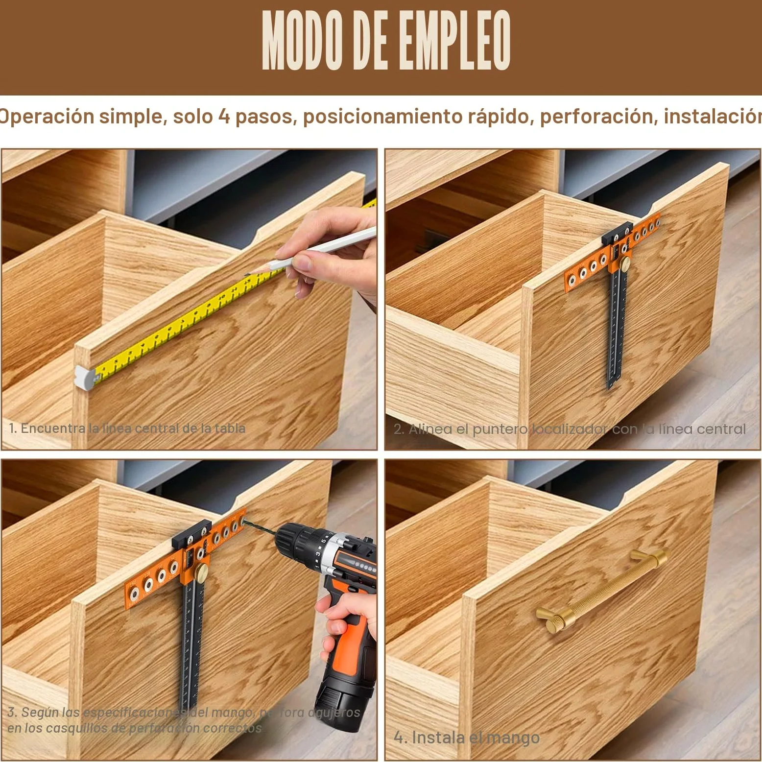 Plantilla de herrajes para gabinete, plantilla de manija de gabinete de aleación de aluminio ajustable, plantilla de taladro guía de herramienta con distancia de agujero de 64/96/128/160mm para
