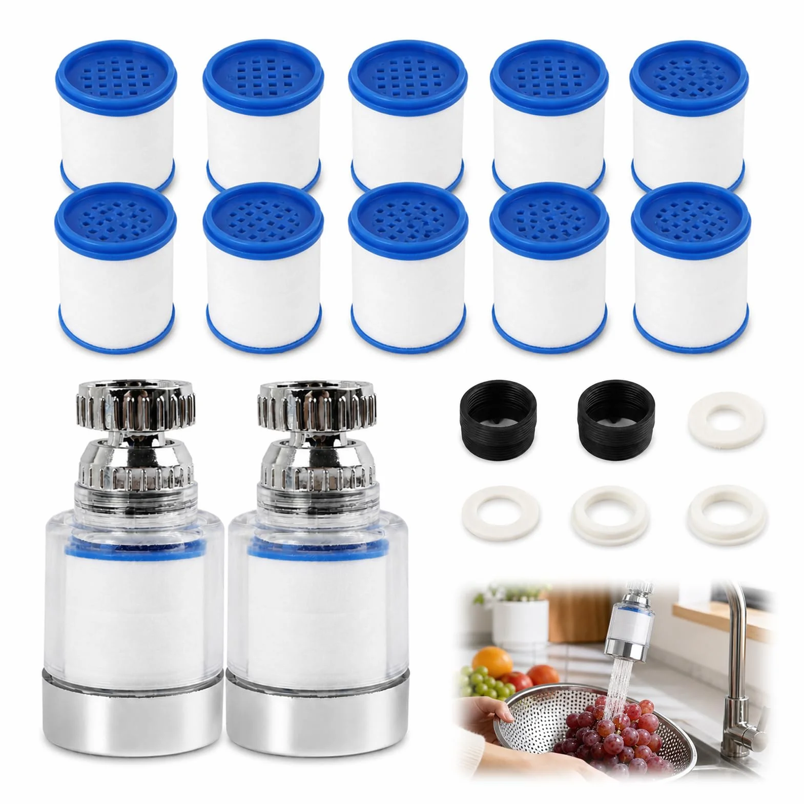 2 Piezas Filtros de Agua Para Grifo, ABS Filtro de Agua Rotativo a 360 Grados, Filtro de Agua para Grifo con Filtración de Carbón Para Metales Pesados, con 10 Cartuchos Filtrantes Intercambiables
