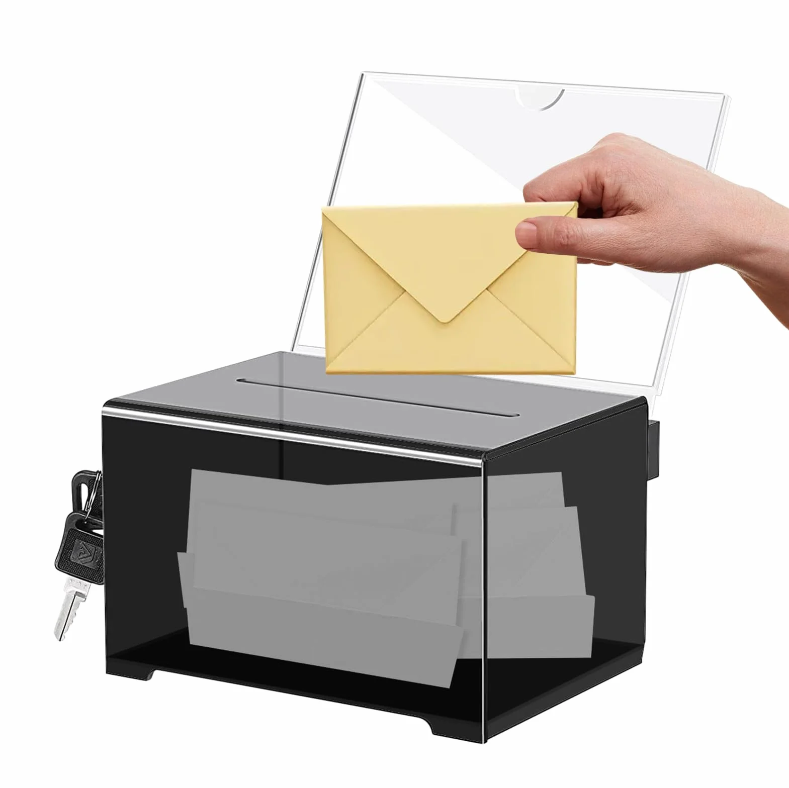 Caja de Donación de Acrílico: Urna de Acrílico con Cerradura, Caja de Donación con Llave, Urna con Soporte para Carteles, Caja de Donación para Comentarios, 155 x 109 x 96 mm, Negro