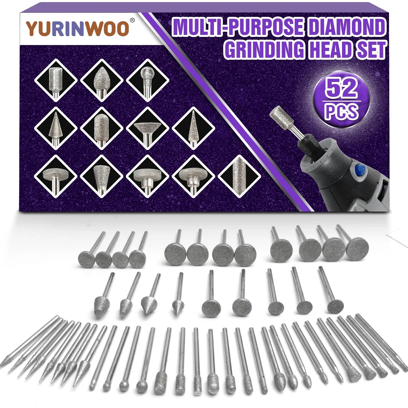 Juego de 52 brocas de diamante multifuncionales compatibles con Dremel, brocas de diamante para herramientas rotativas, vástago de 3 mm, para tallar, pulir, moler