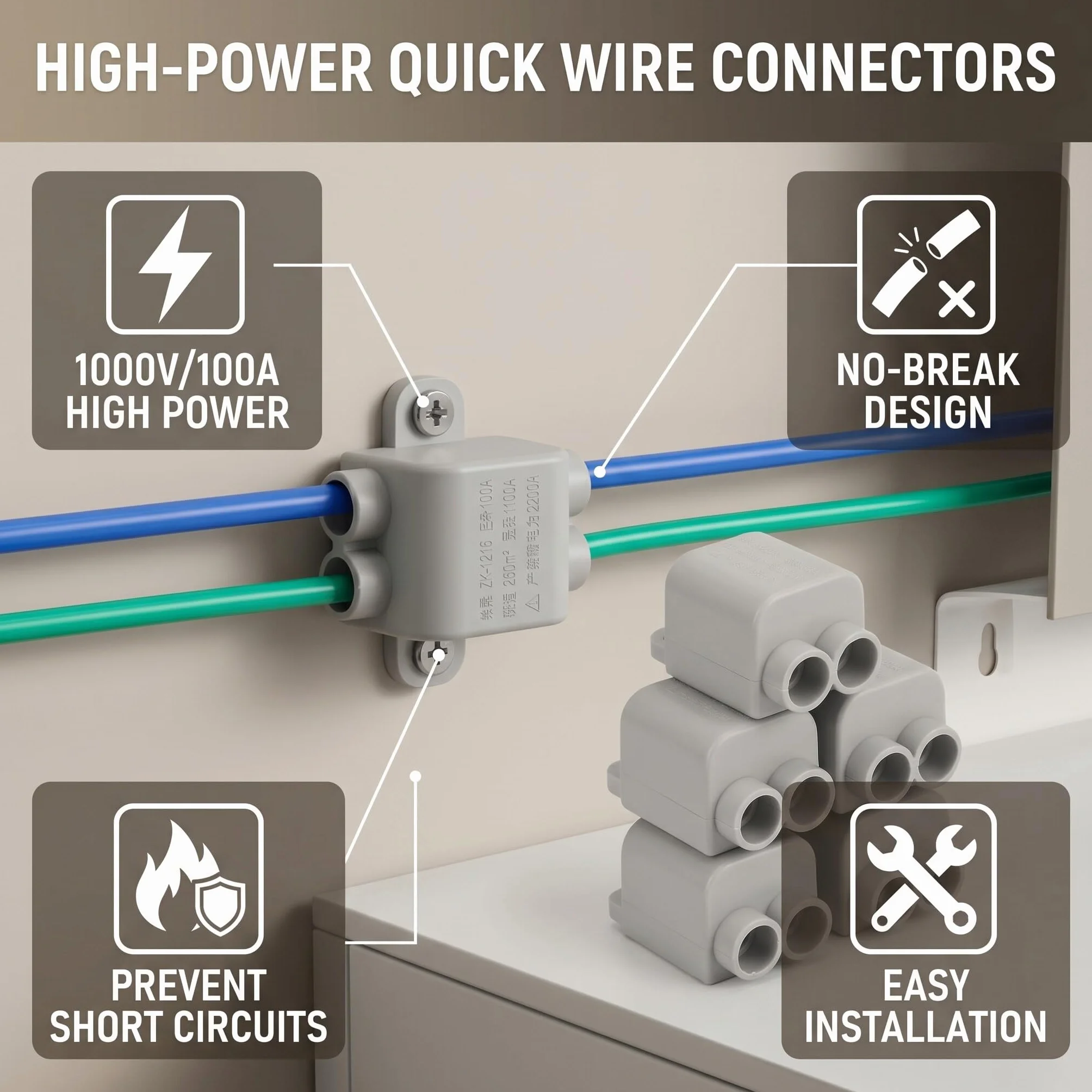 Conector Divisor Tipo T Caja de Conexiones 3 Vías 6 Uds. 1000V 100A ZK-1216