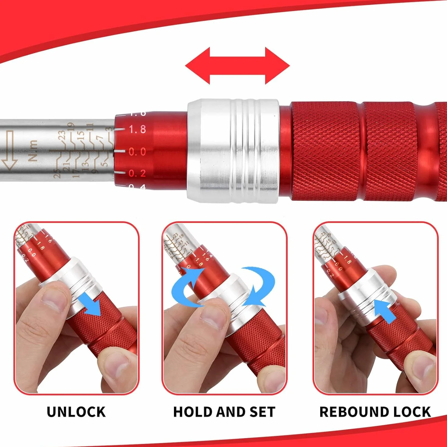 VANPO Llave Dinamométrica 1/4", Llave de Torque 3-25 Nm, Alta Precisión de ±3% con Cabezal Reversible de 72T, Barra de Extensión de 10cm, 3/8" Adaptador para Bicicleta de Carretera y Montaña, Moto
