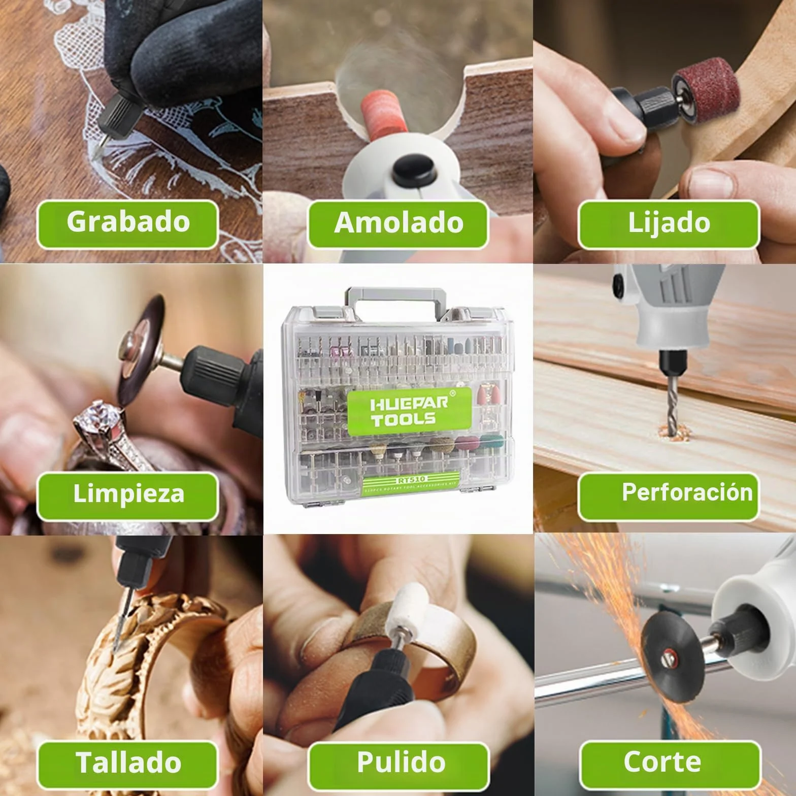 Kit de 510 Accesorios de Herramientas Rotativa, Huepar Tools Accesorios Variados Multiusos, Universales Accesorios para Dremel u Otro, Reutilizables, para Cortar, Esmerilar, Pulir, Taladrar y Grabado