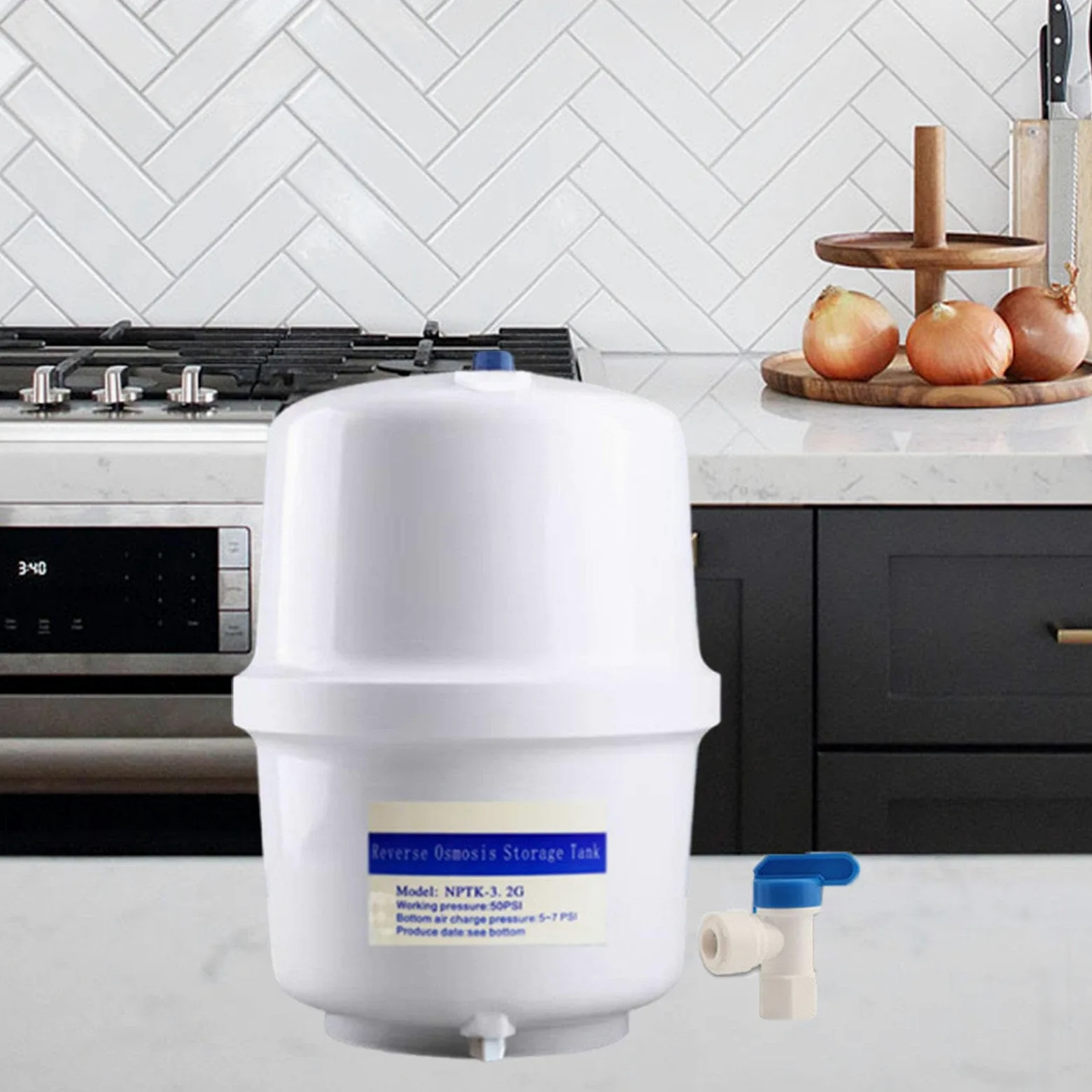 Tanque de almacenamiento de agua presurizado de 3,2 galones con válvula de bola, robusto, compacto y ligero para sistemas de ósmosis inversa- Válvula de Bola de 6.35 Mm