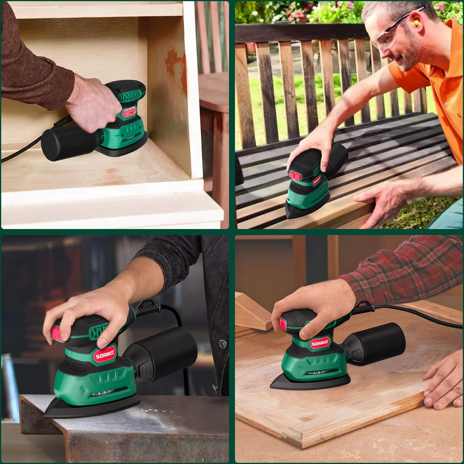 SORAKO Lijadora Madera 220W 14000 OPM Lijadora Electrica Con Bolsa Para Polvo Y 16 Hojas De Lija, Ideal Para Lijar Superficies De Madera Y Acero En Espacios Reducidos