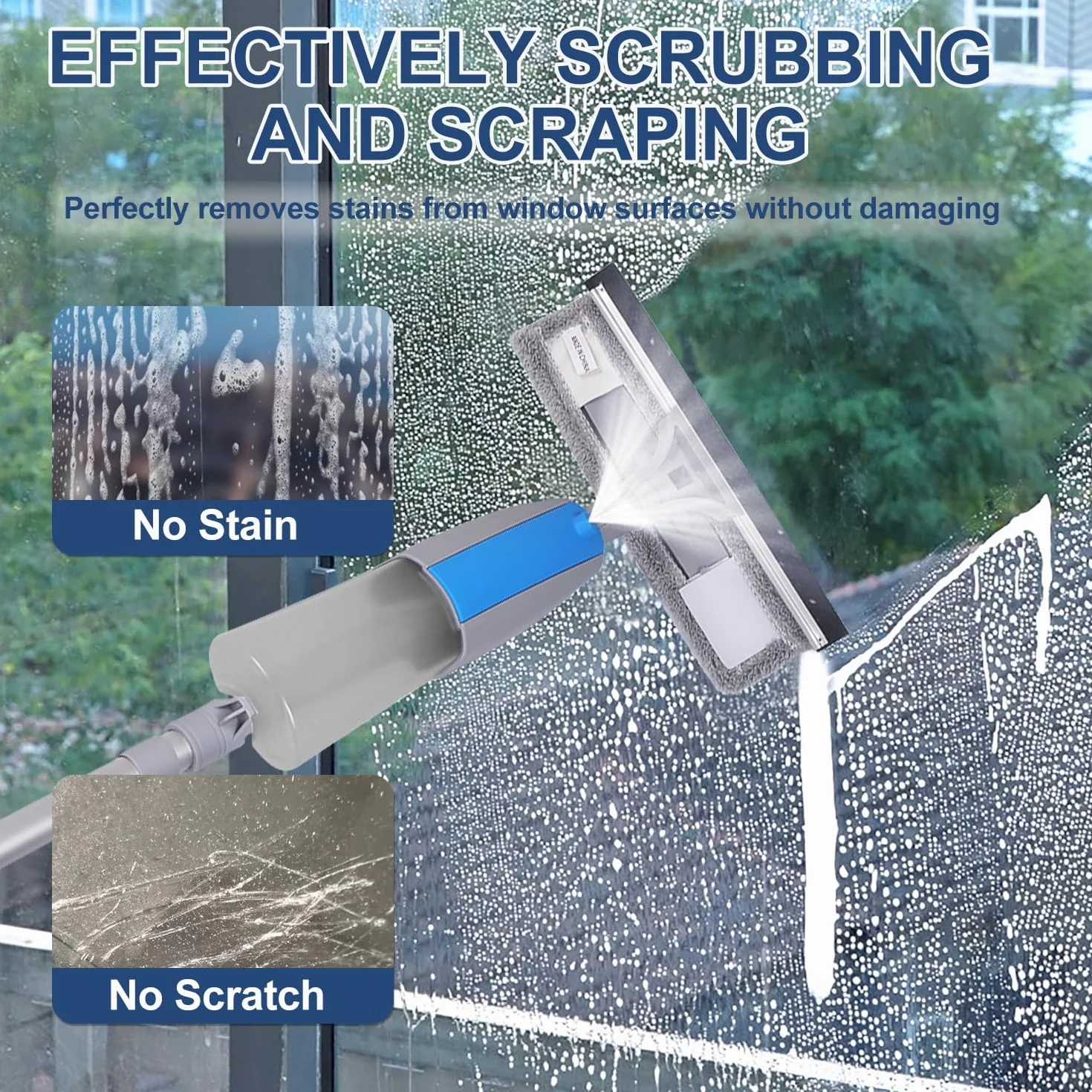 Herramienta Limpiacristales con Rociador, Kit de Limpieza 3 en 1 con Poste de Extensión, Rasqueta de Cristal Profesional de 190cm con 3 Paños de Microfibra para Automóviles y Ventanas Exteriores Altas