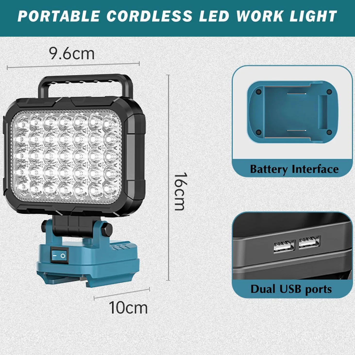 Yaasier Lámpara LED con batería para Makita 18V, Luz de trabajo LED inalámbrica 4800LM Con 2 puerto de carga USB, lampara recargable portatil para jardines, patios traseros, garajes