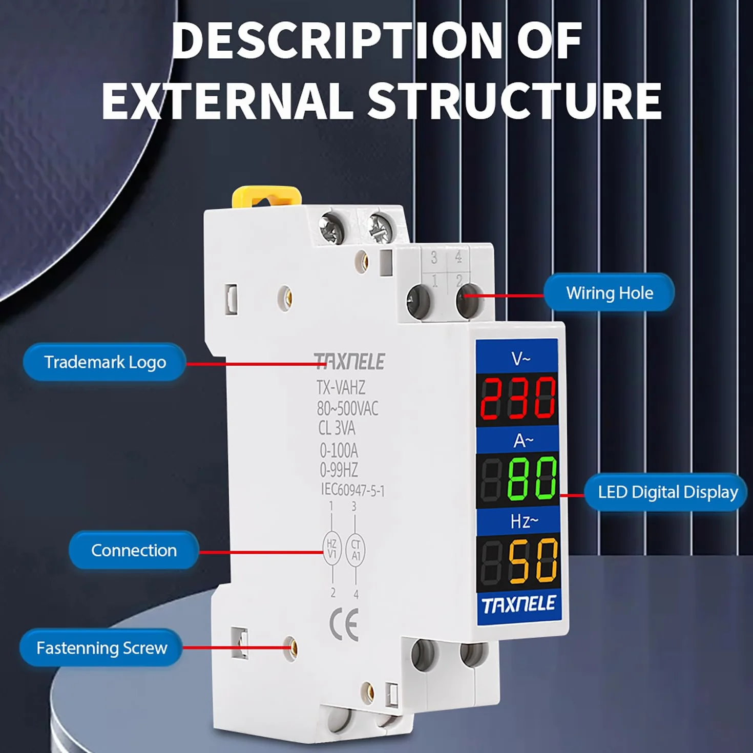 Multímetro digital modular con indicador LED, voltímetro y amperímetro para carril DIN, 18 mm, medidor de voltaje y corriente, HZ, AC 80-500 V, 110 V, 220 V, 380 V, 100 A, con CT (V+A)