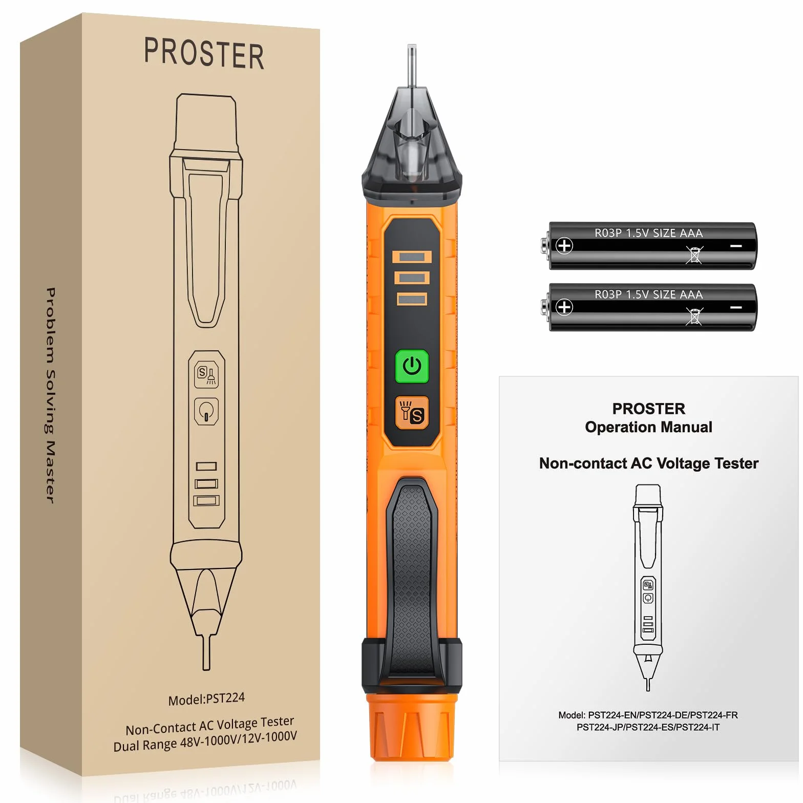 Proster Detector de Voltaje sin Contacto 12-1000V/48V-1000 Probador de Voltaje AC con Sensibilidad Ajustable Alarma Linterna LED