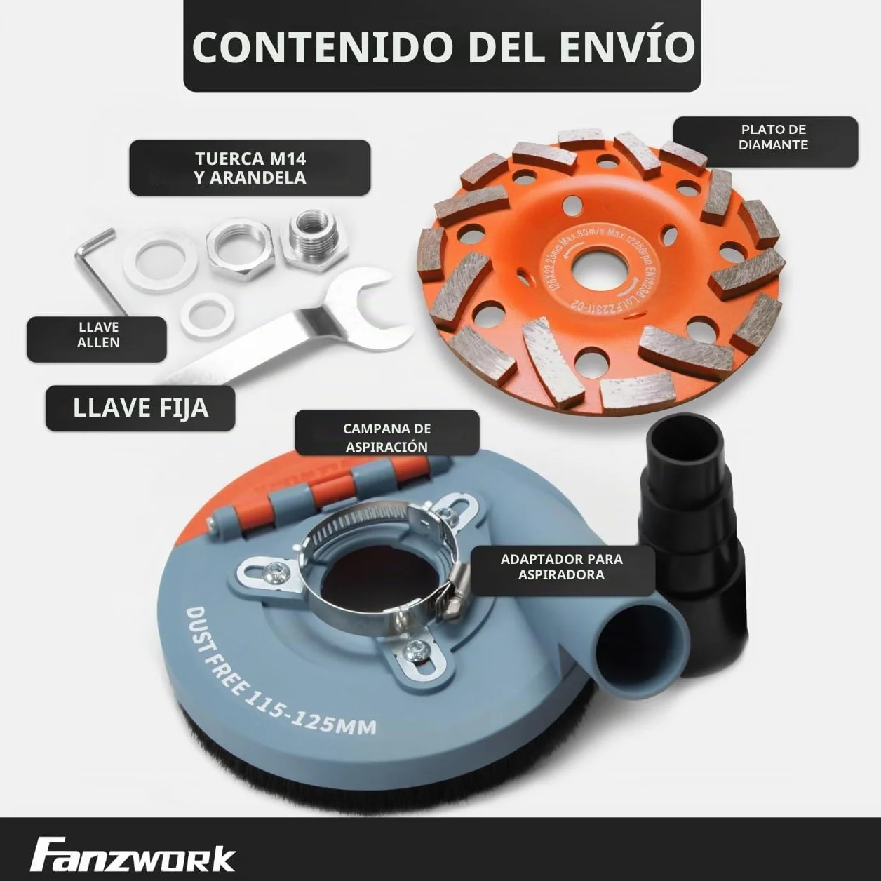 FANZWORK cubierta de aspiración para amoladora angular incl. disco de diamante de 125 mm, Cepillos intercambiables, Compatible en un 99% de forma universal, Anillo adaptador reforzado, Adaptador M14