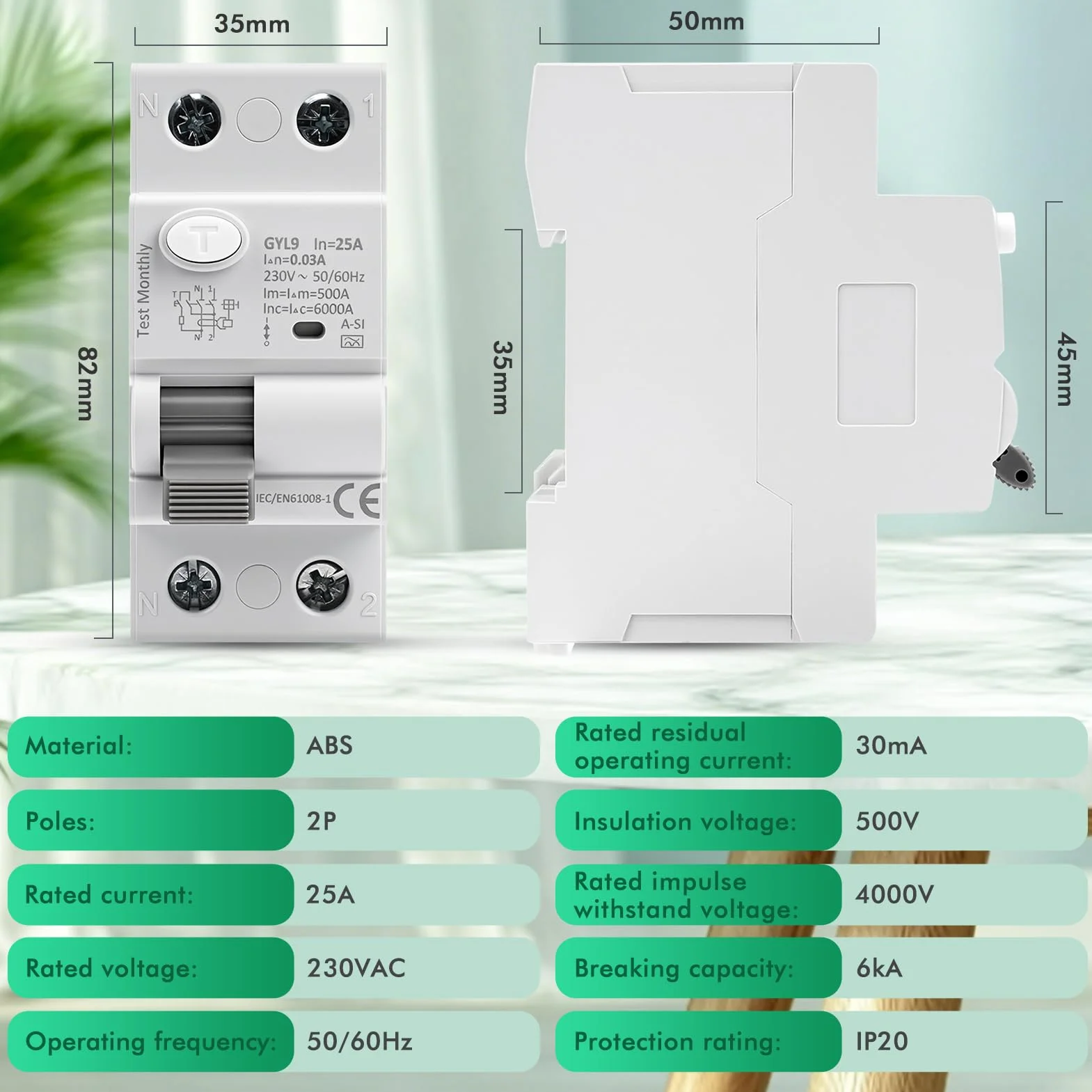 Diferencial Superinmunizado 25A 30mA 2P Interruptor de Corriente Residual Electromagnético con Protección Contra Sobretensiones Supresión Armónica Protección Contra Interferencias Electromagnéticas