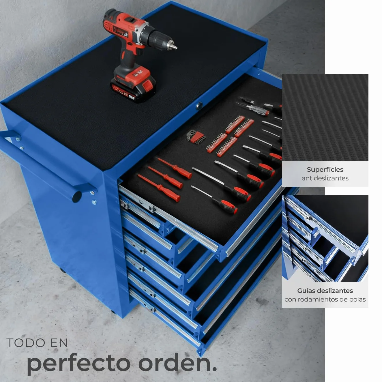 Tectake Carrito Auxiliar con Ruedas, 7 Cajones, Organizador de Herramientas, Armario Metálico, Azul