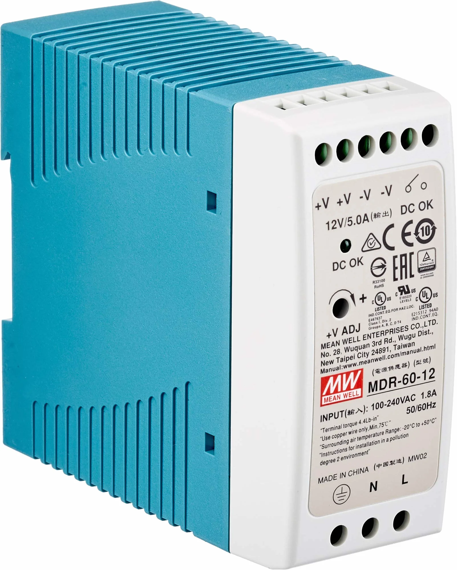 DIN-Rail Fuente de alimentación 60W 12V 5A ; MW Mean Well, MDR-60-12