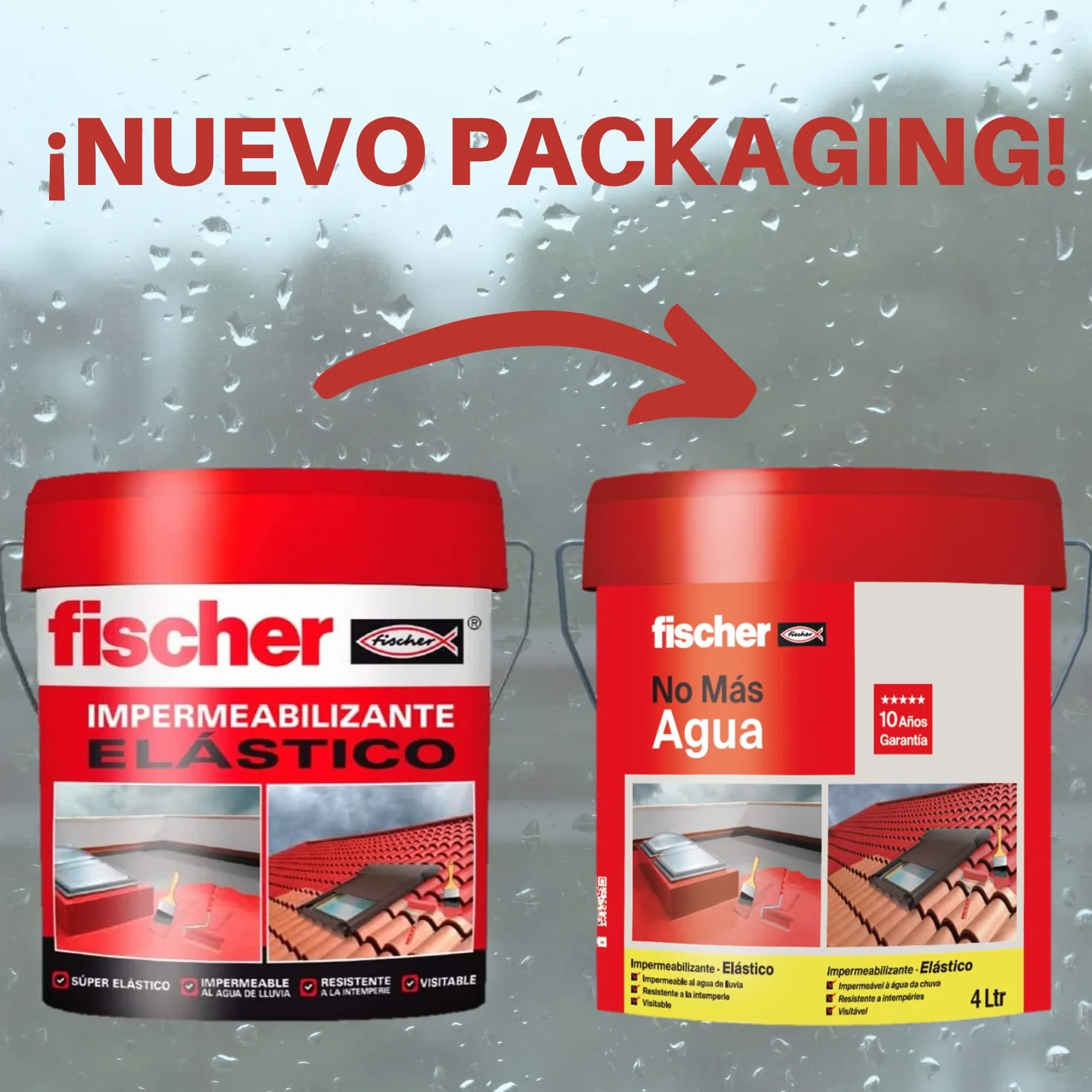 fischer - Impermeabilizante Elástico Rojo para Tejas y Baldosas, Fácilmente Aplicable en Horizontal y Vertical, Resistente al Agua y a la Intemperie, Impermeabilizante Rojo Sin Fibras (4 Litros)