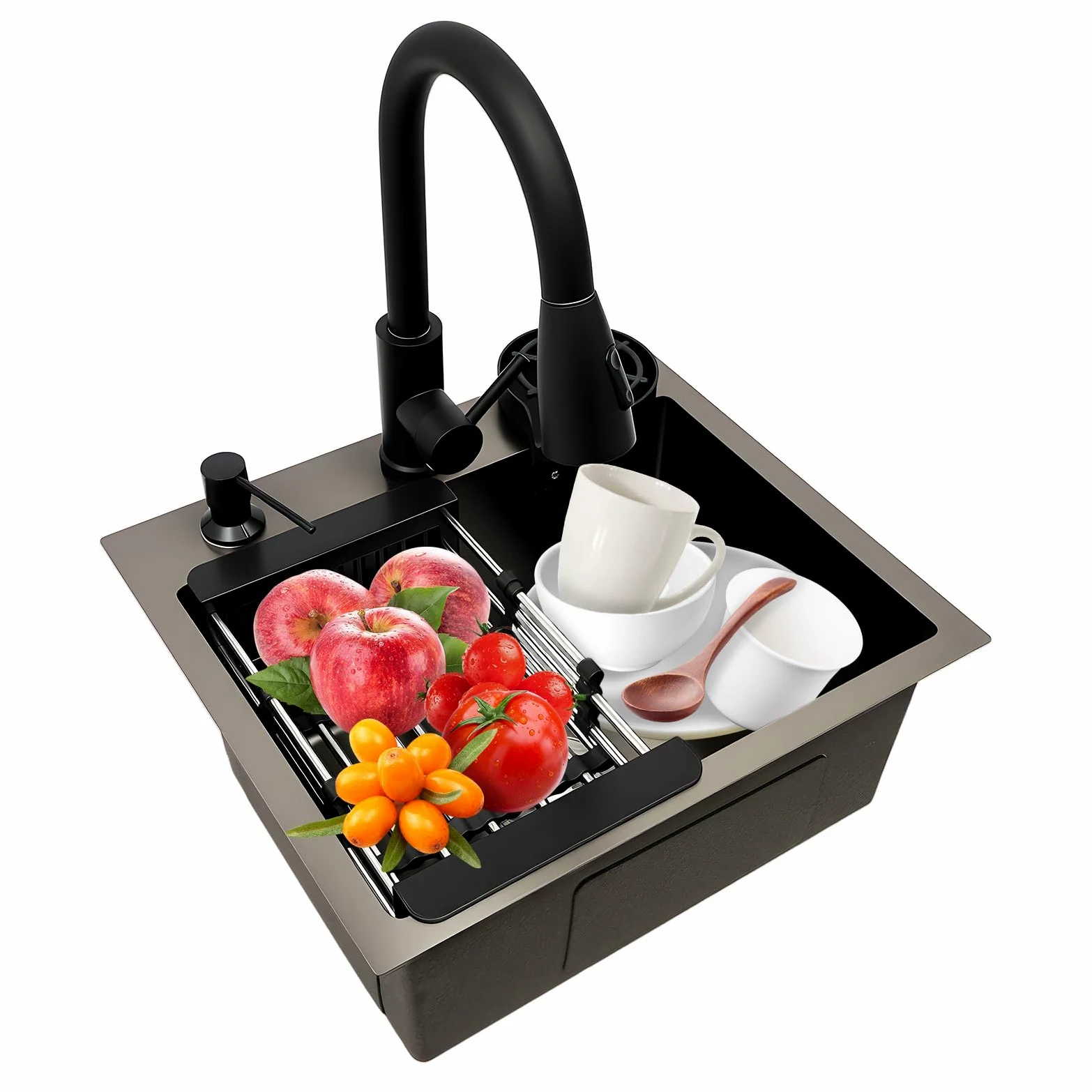 Fregadero de cocina negro con grifo extraíble y juego 4 en 1 – Fregadero de acero inoxidable incl. limpiador de tazas, cesta escurridora y dispensador de jabón para una cocina eficiente y moderna