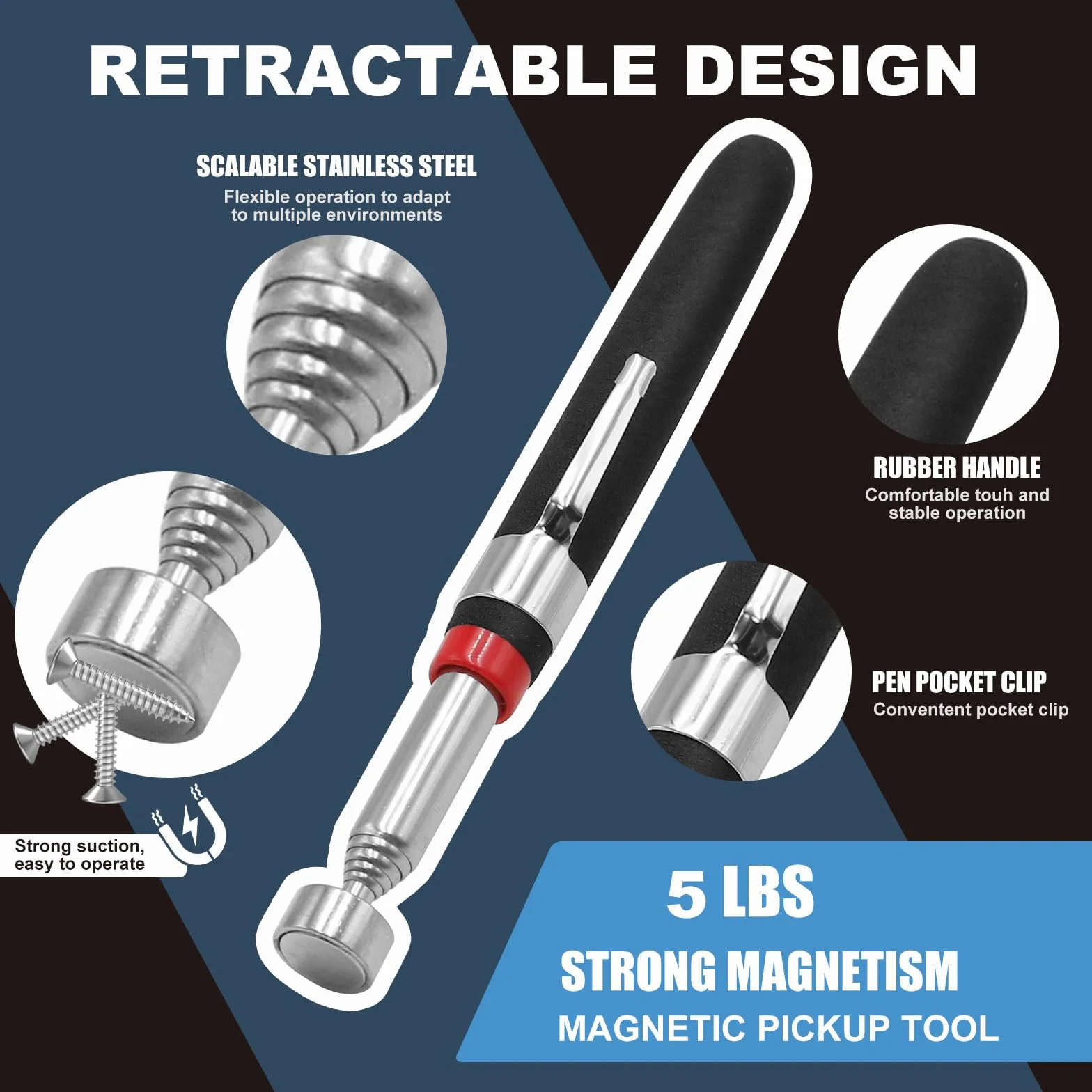 4 Piezas Recogedor Magnético Telescópico, Herramientas de Recogida Iman Flexible, Herramientas Magnéticas Telescópicas para recoger tornillos y tuercas y otros objetos metálicos (1.5LB 3LB 5LB 16LB)
