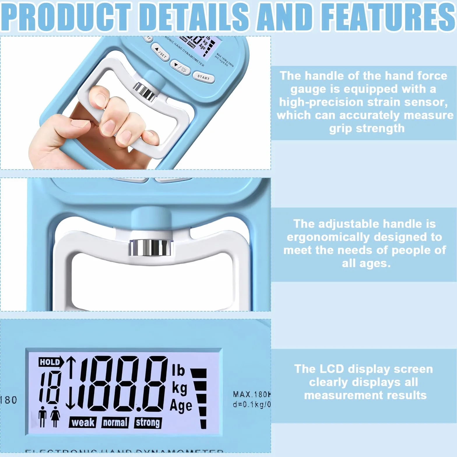 Medidor electrónico de fuerza de agarre: 396 lb/180 kg, dinamómetro de mano, dinamómetro de mano, pantalla LED, con cable de carga USB, color azul