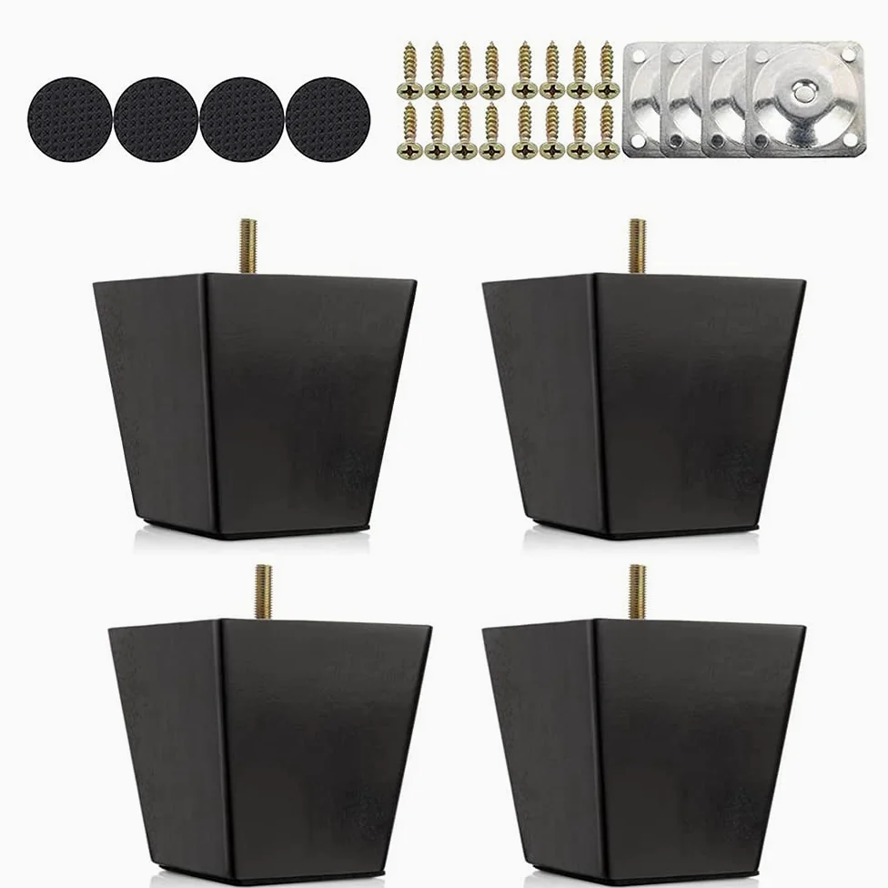 4 Piezas Patas para Muebles Negro, Patas de Madera Rectas de 6/10/ 15 cm con Rosca M8 y Placa de Montaje para Sofá, TV, Armario, Cama, Mesa de Comedor