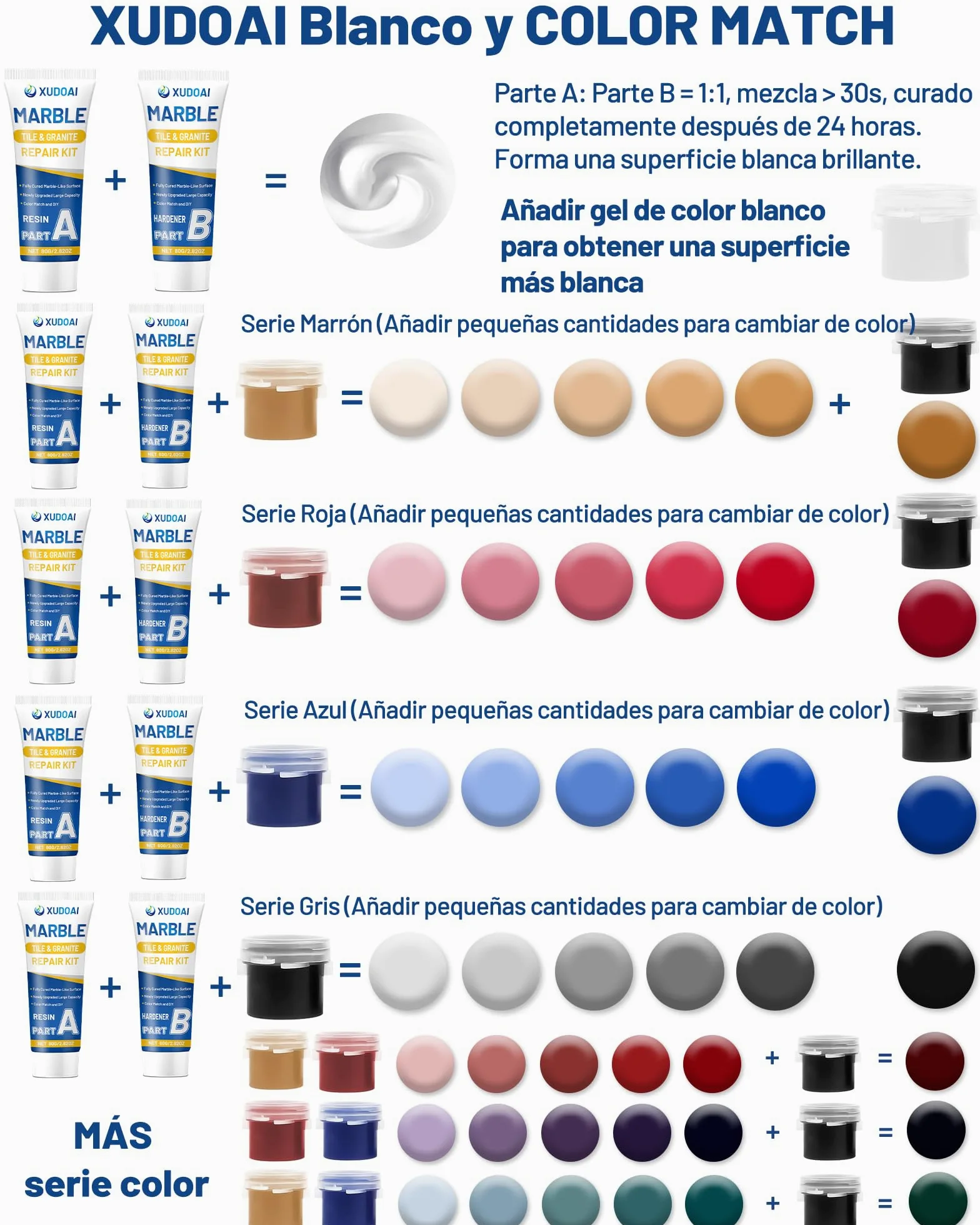 Kit Reparación Mármol y Granito (Coincidencia de Color), 160g Kit Reparación Azulejos Para Astillas Agujeros Abolladuras Defectos Grietas, Fijar Cuarzo Fregadero Piedra Otras Superficies Duras