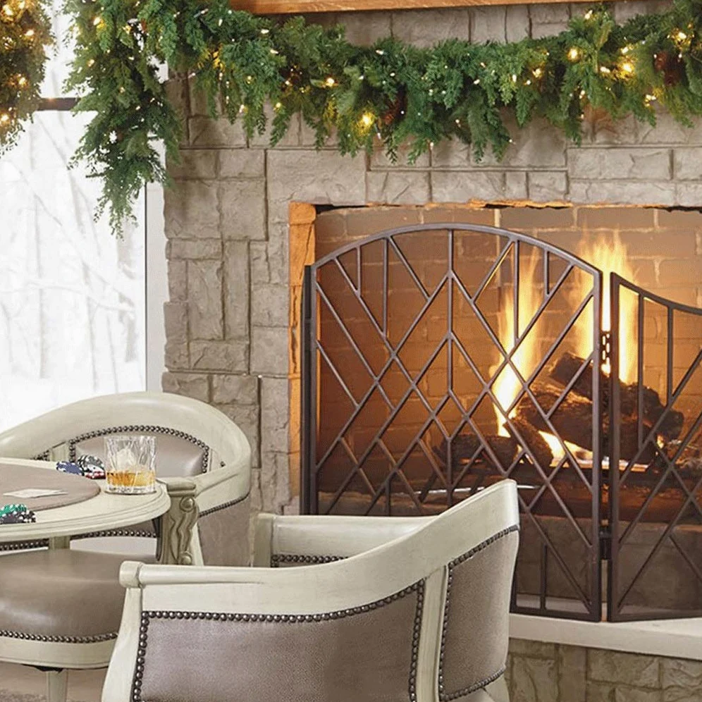 Pantalla Salvachispas Chimenea interior Pantalla 3 Panel de estaño de hierro forjado pantalla grande de metal decorativo exterior de malla cubierta sólida prueba de Baby Safe Chimenea Valla diseño de