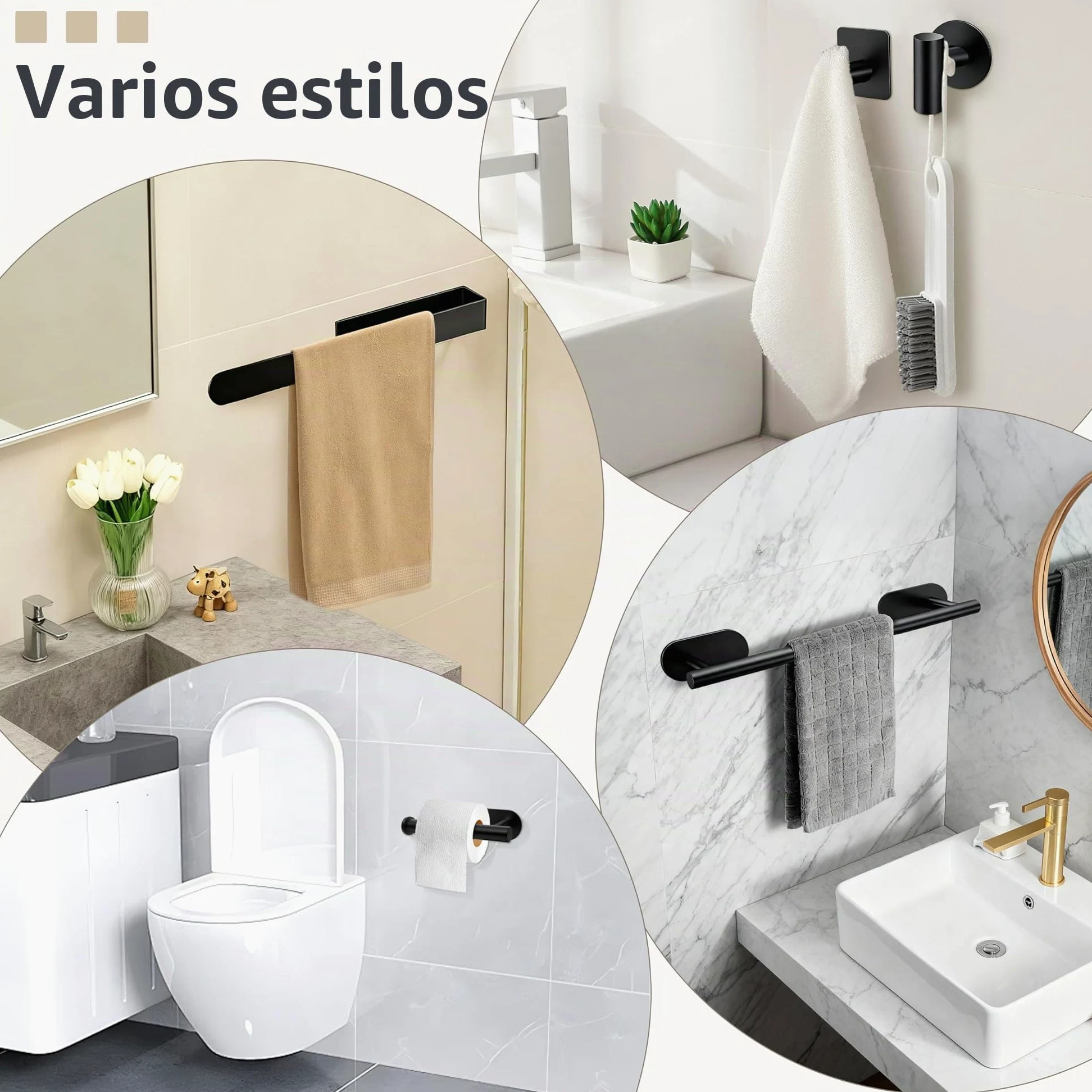 Toalleros de Baño Sin Taladro 8PCS Juego de Herrajes de Baño de Acero Inoxidable Gancho para Toallas Portarrollos para Papel para Baño y Cocina (Negro)