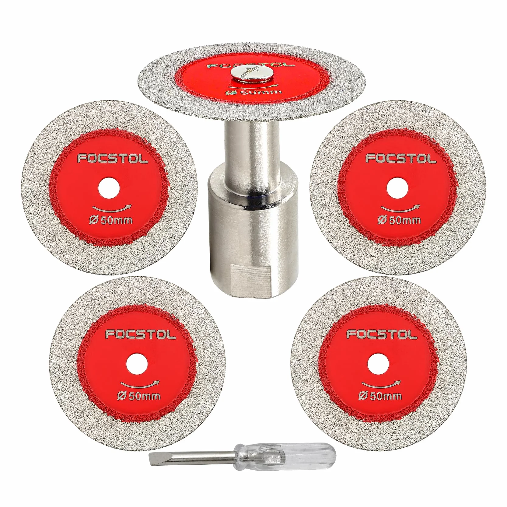 FOCSTOL Disco Corte Vidrio - 5 piezas 50mm Disco Diamante para Cortar Vidrio y 1 pieza M14 Brida para Jade Mármol Granito Piedra Artificial Porcelanico Azulejo Cerámica