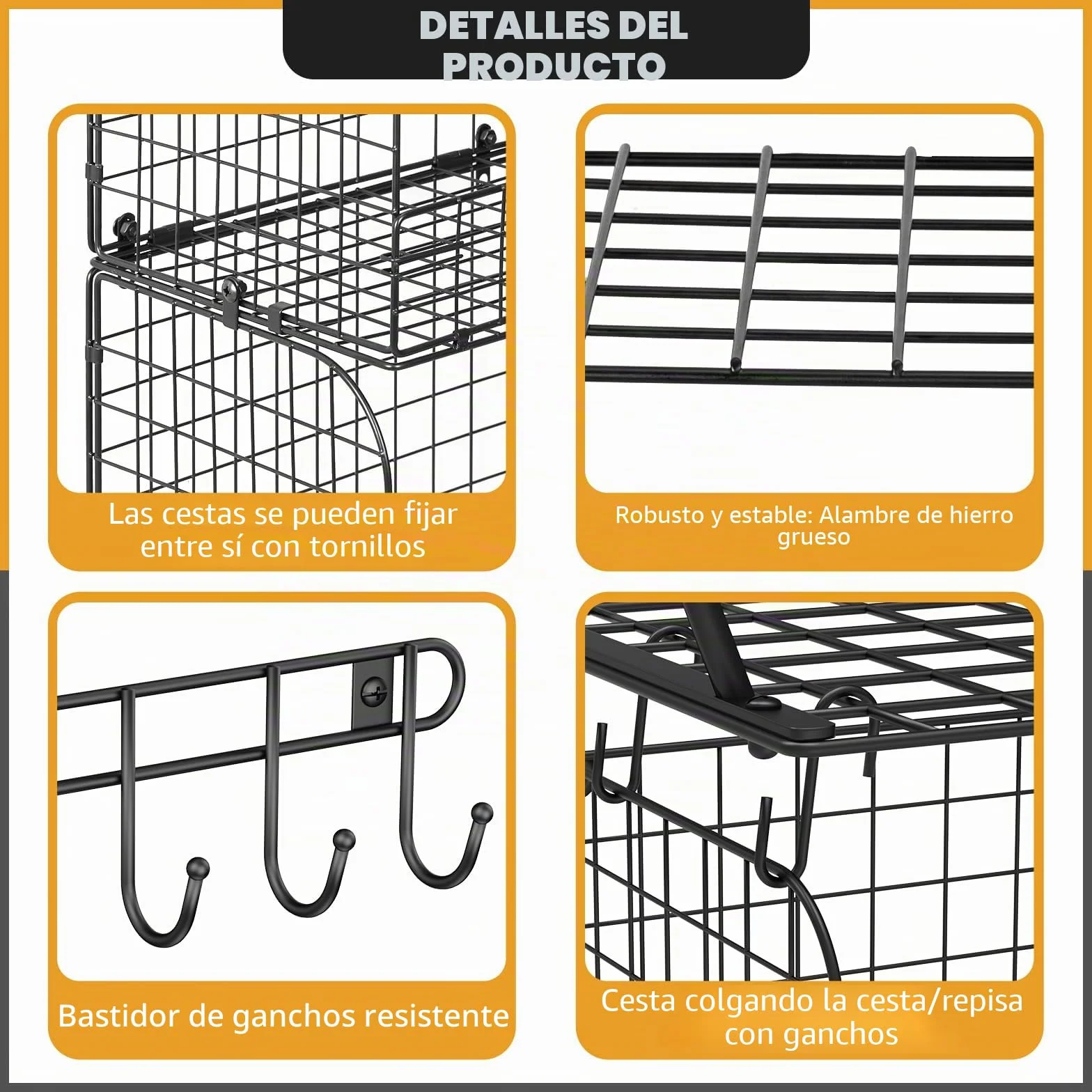 ThreeHio - Paquete de 2 estantes de garaje para pared con cestas de alambre, resistente, con ganchos, organizador de herramientas para el hogar, jardín, garaje, organización y almacenamiento