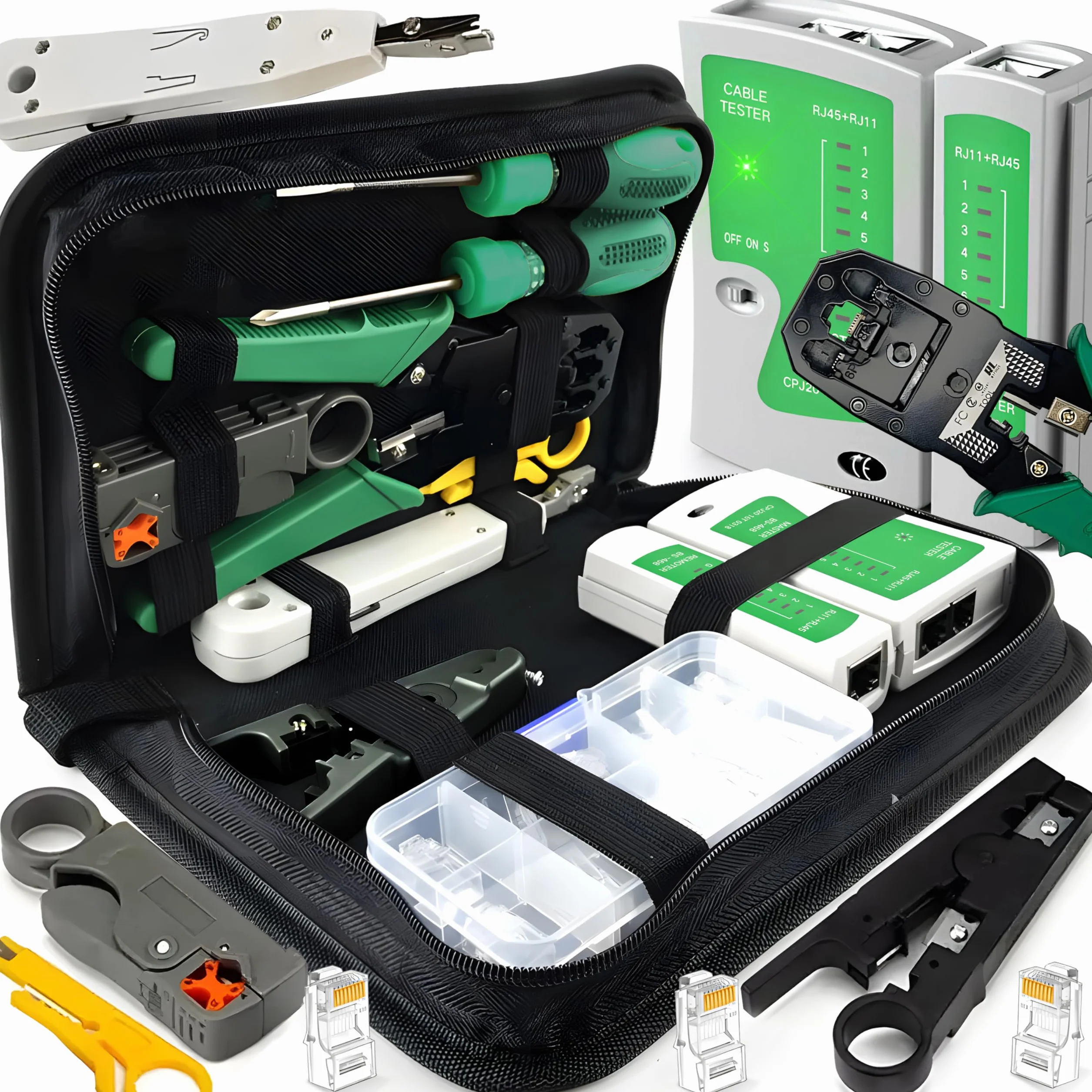 Retoo Juego de herramientas de red profesional 9 en 1, en estuche, comprobador de cables LAN para RJ45, RJ1, kit de comprobación de cables, herramientas de reparación para instalaciones de cables