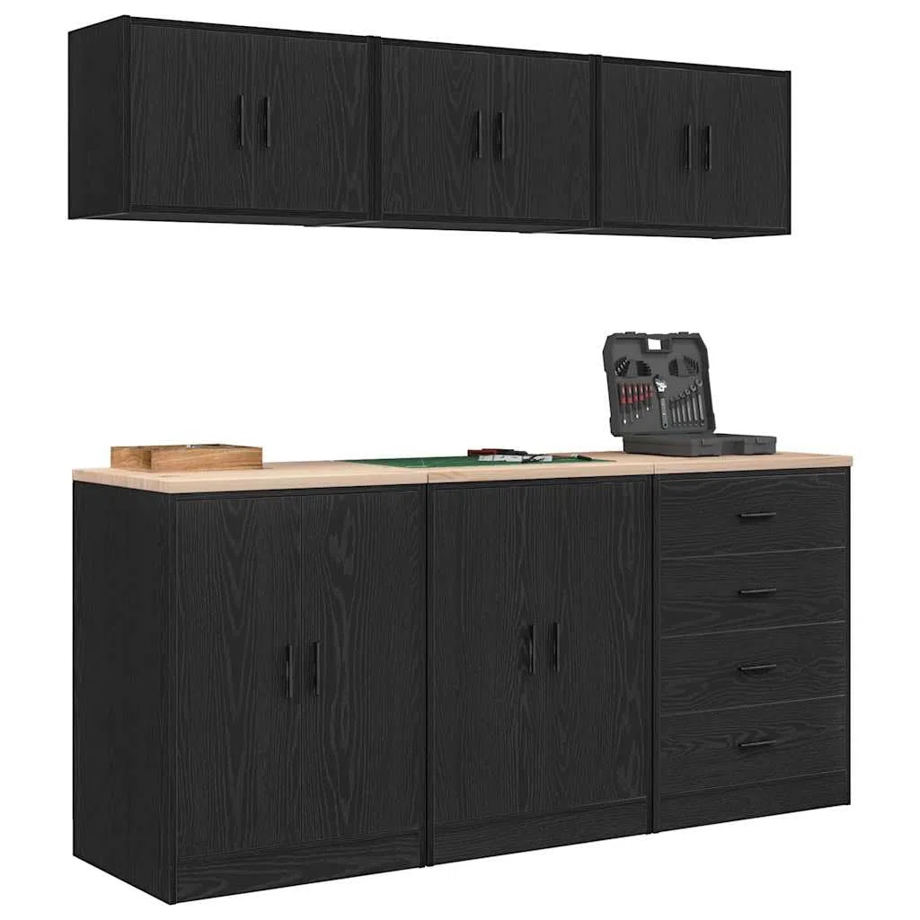 Juego de 6 armarios de garaje de madera, color negro, para garaje, taller, almacenamiento, capacidad de carga de 60 kg, con puertas, cajones y montaje en pared, orden para herramientas y