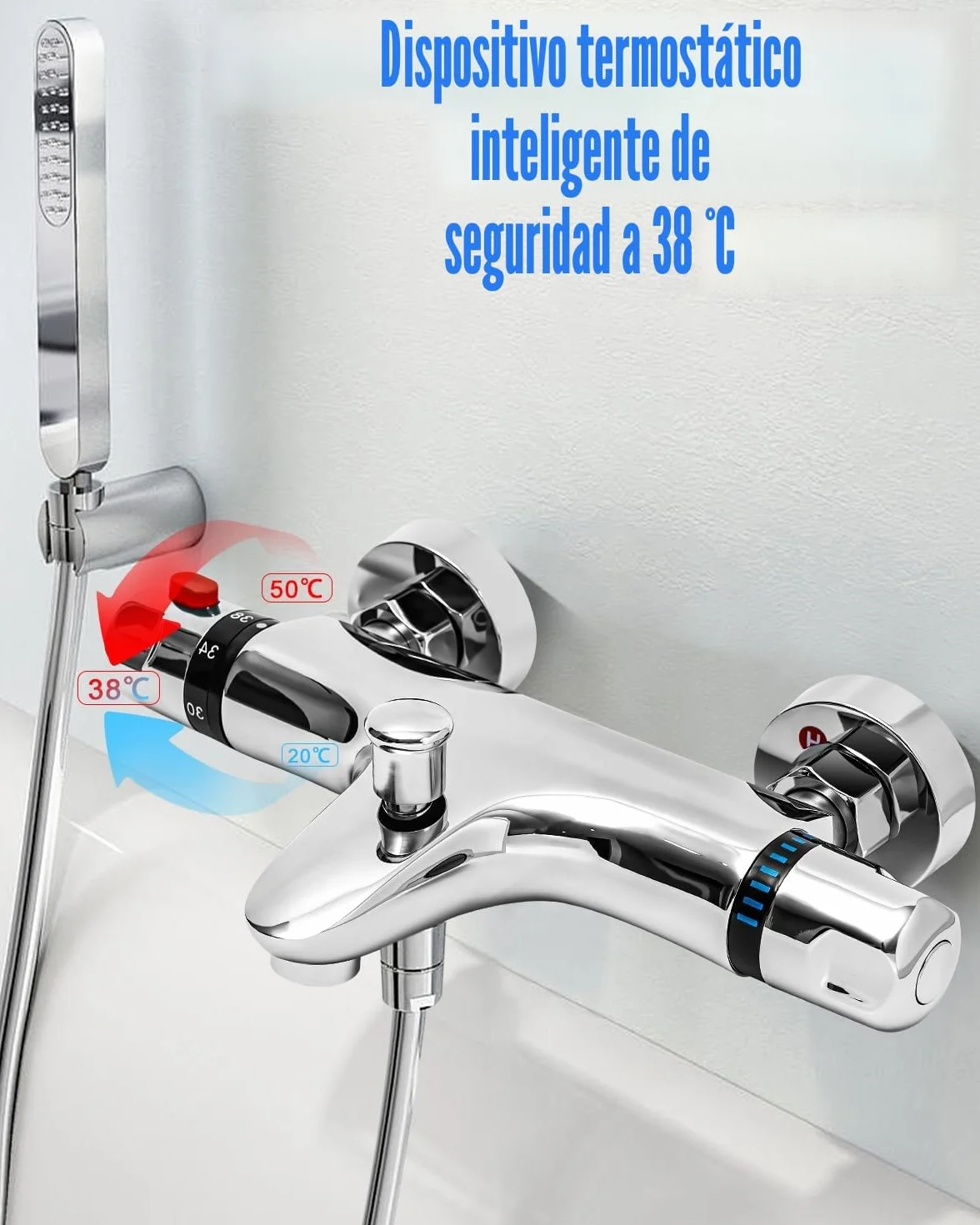 Mezcladora de Ducha Termostática, Grifo Termostatico Bañera, Válvula Mezclador de Ducha Termostático de 38 °C, Termostato con protección antiquemaduras de Latón, Acabado Cromado, con 2 Salidas de Agua