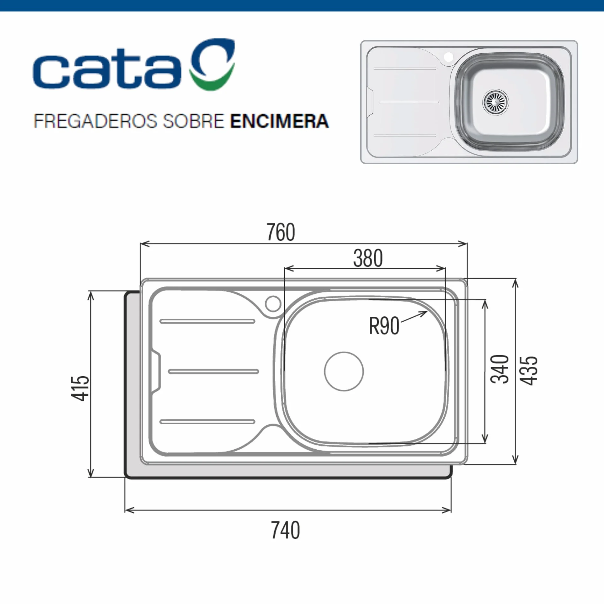 CATA Fregadero CDS-1 EI/A Cubeta Cuadrada Escurridor Instalación Mueble 45 CM Base Fonoabsorbente Acero Inoxidable Válvula Canasta Acabado Inox