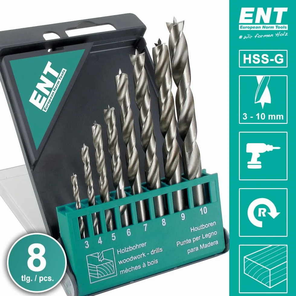 ENT 09248 Juego de 8 brocas para madera HSS-G - 3-10 mm - brocas helicoidales afiladas en HSS
