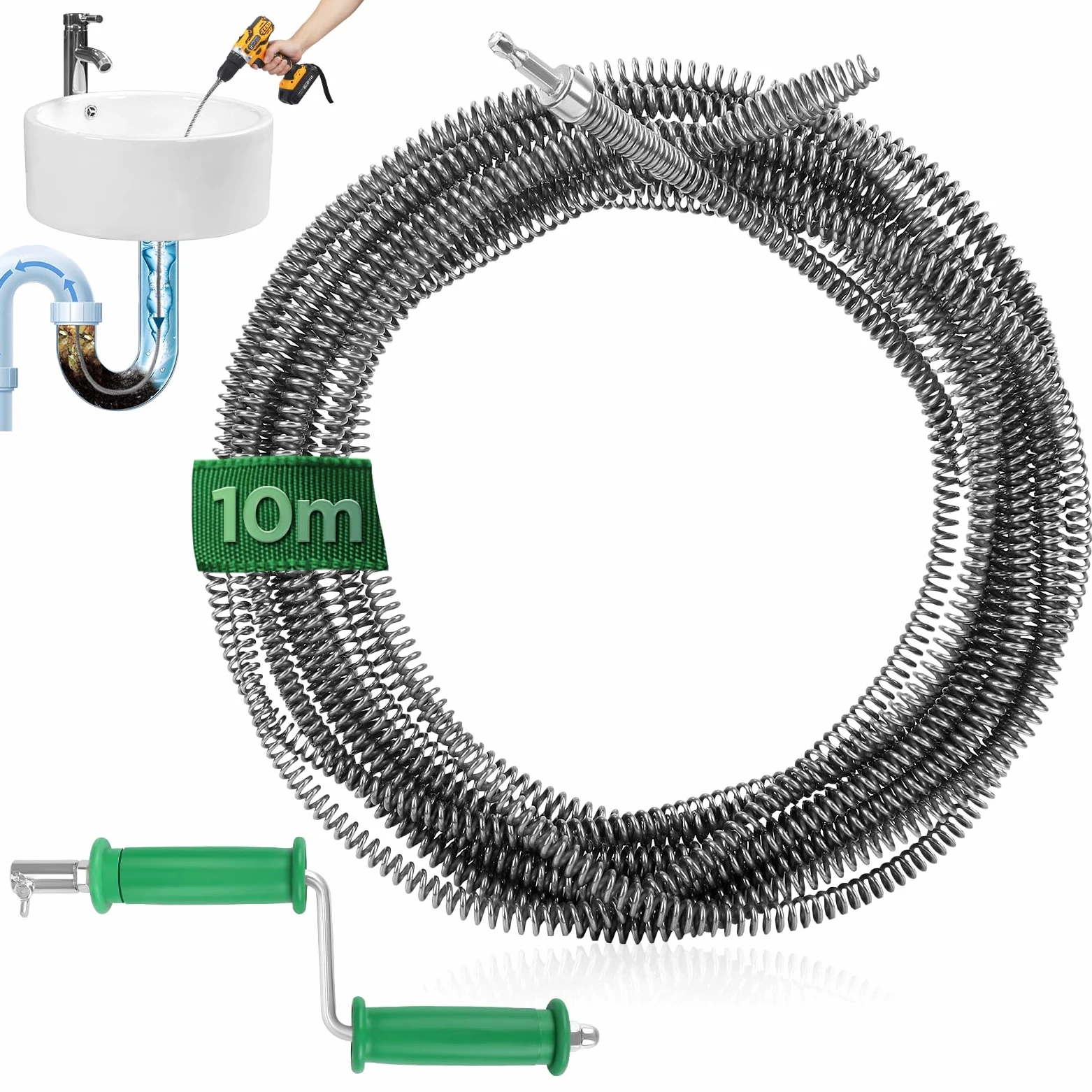 Alambre Desatascador Tuberias,10M*10mm Cable Desatascador Tuberias Fregadero Espiral de Limpieza Profesional con Adaptadores Eléctricos Manuales Fregaderos Cocina Cañerias Desagües Inodoros Obstruidos