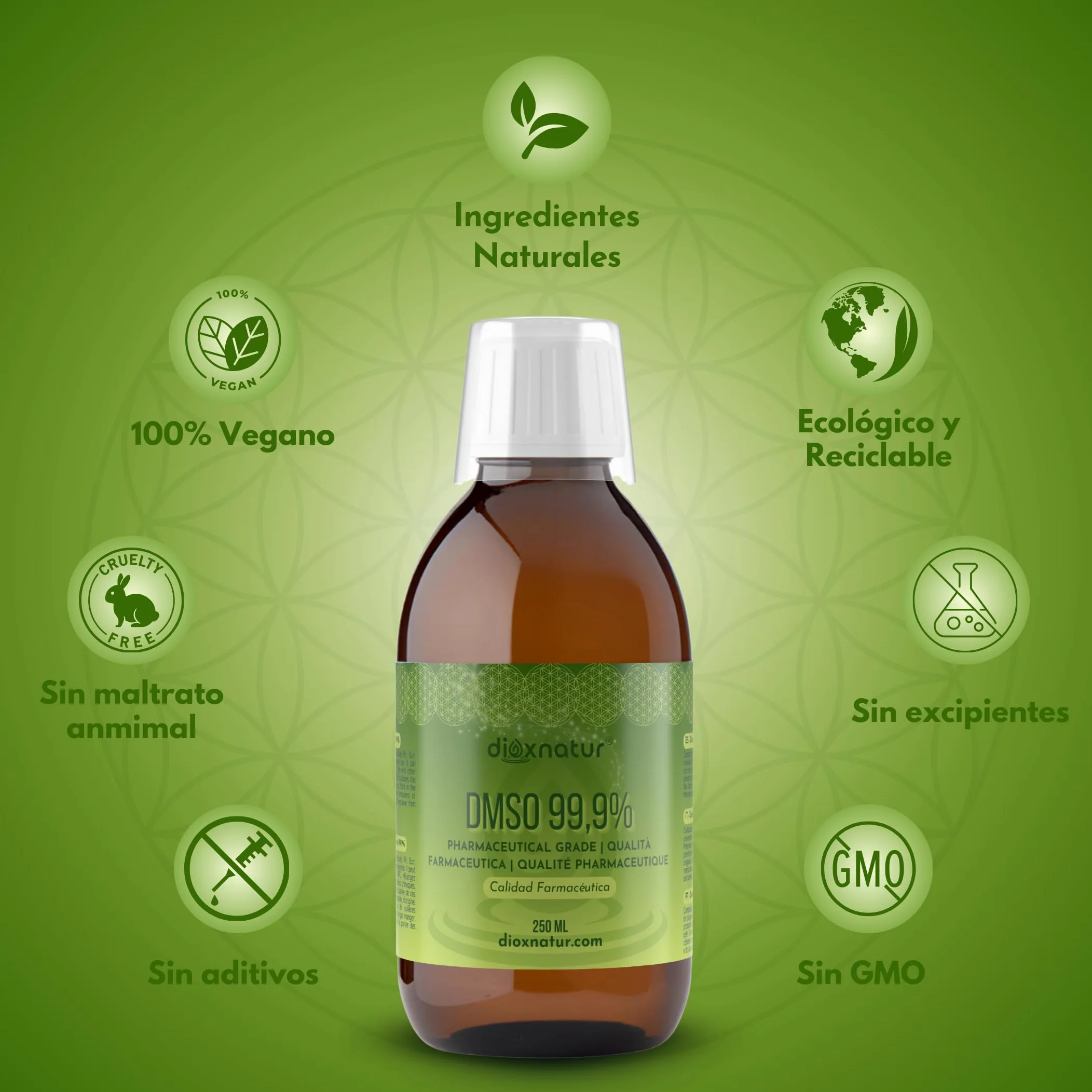 DMSO 99,9% 250ml Dimetilsulfóxido Grado Farmacéutico - Botella + Spray Vaporizador cristal ámbar