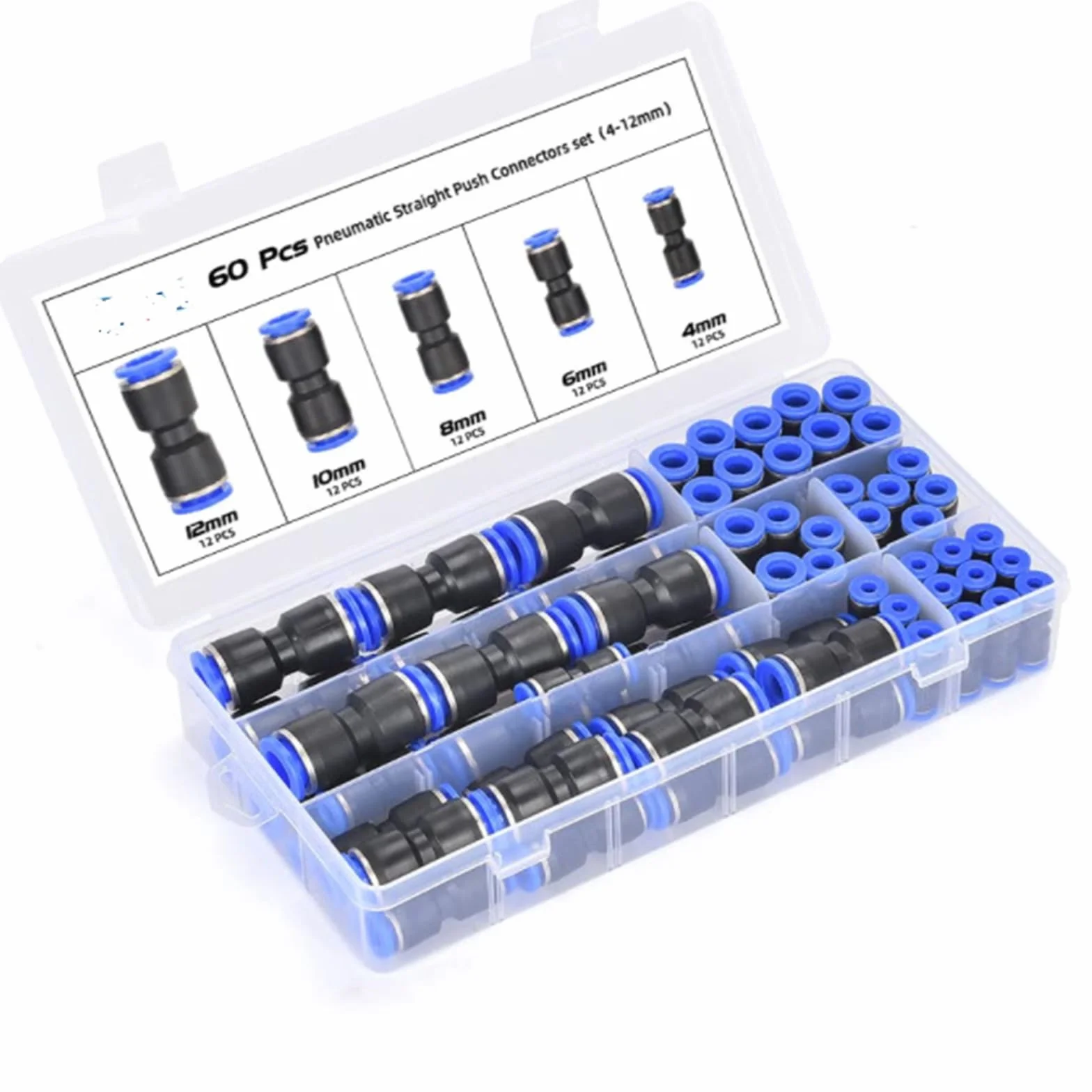 60 Piezas Conectores de Empuje Recto Rápidos para Manguera de Aire Neumática - Conexiones Plásticas para Tubo 4mm/6mm/8mm/10mm/12mm